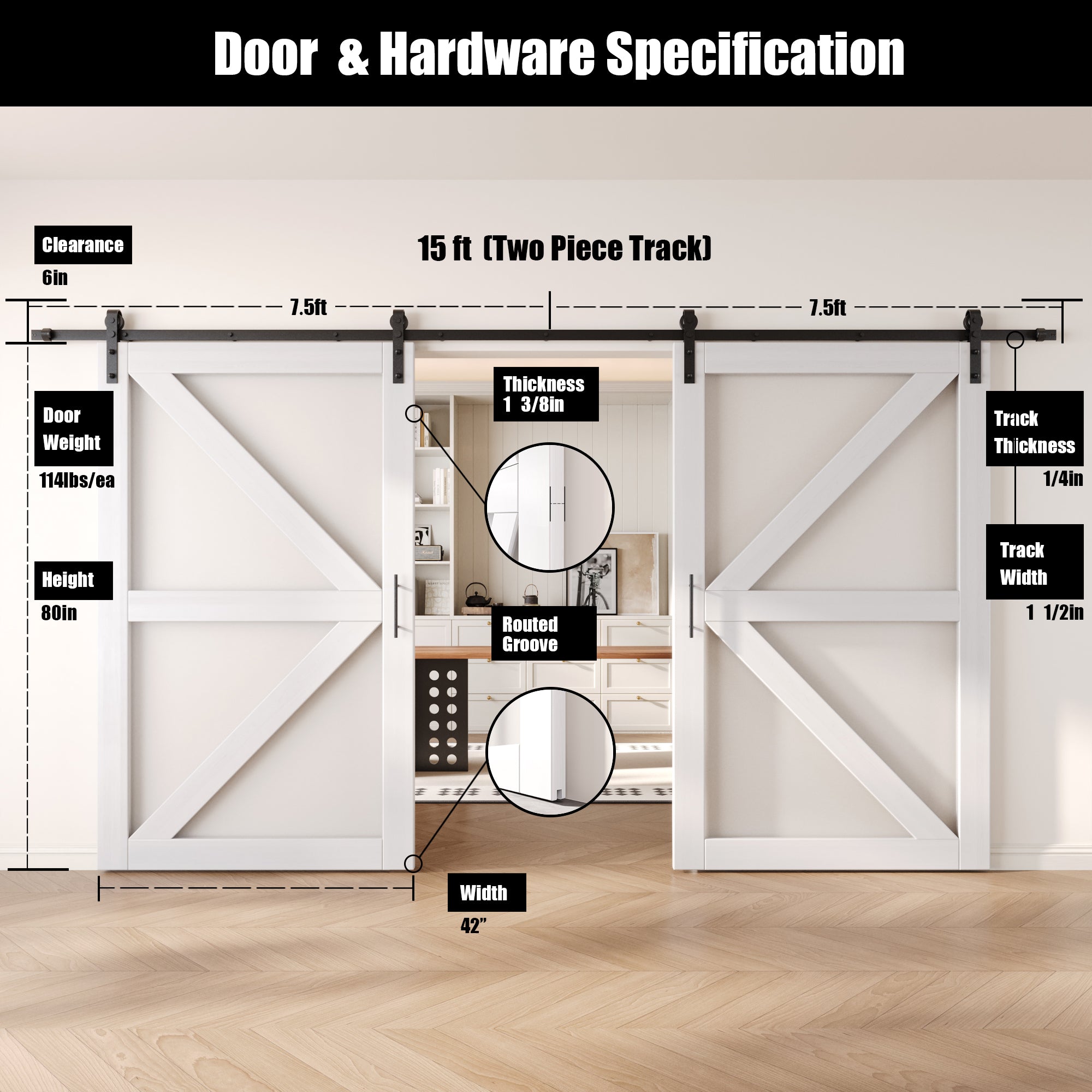 80" Height White Frosted Glass Arrow Design Double Unassembled & Finished Pine Wood Barn Doors with Non-Bypass Installation Hardware Kit (Interior Use Only)