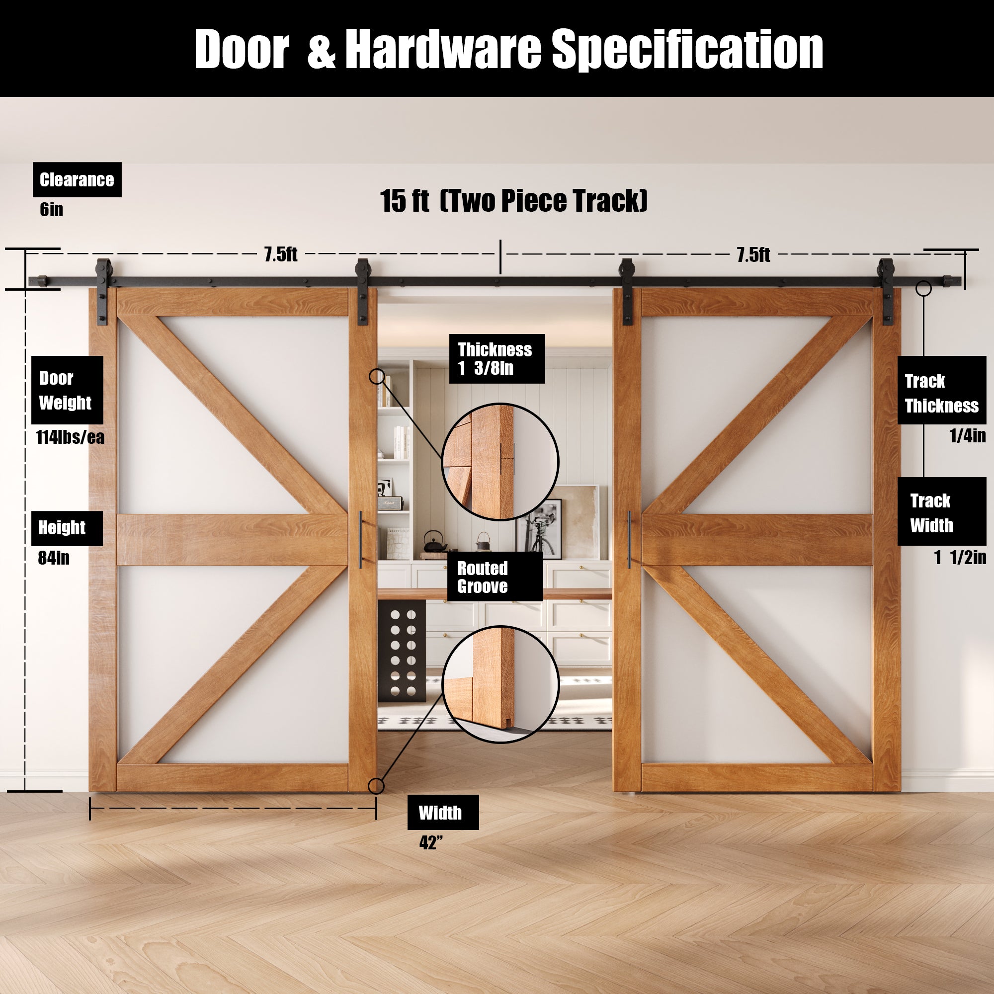 84" Height Early American Arrow Pattern Glass Double Unassembled & Finished Pine Wood Barn Doors with Non-Bypass Installation Hardware Kit (Interior Use Only)