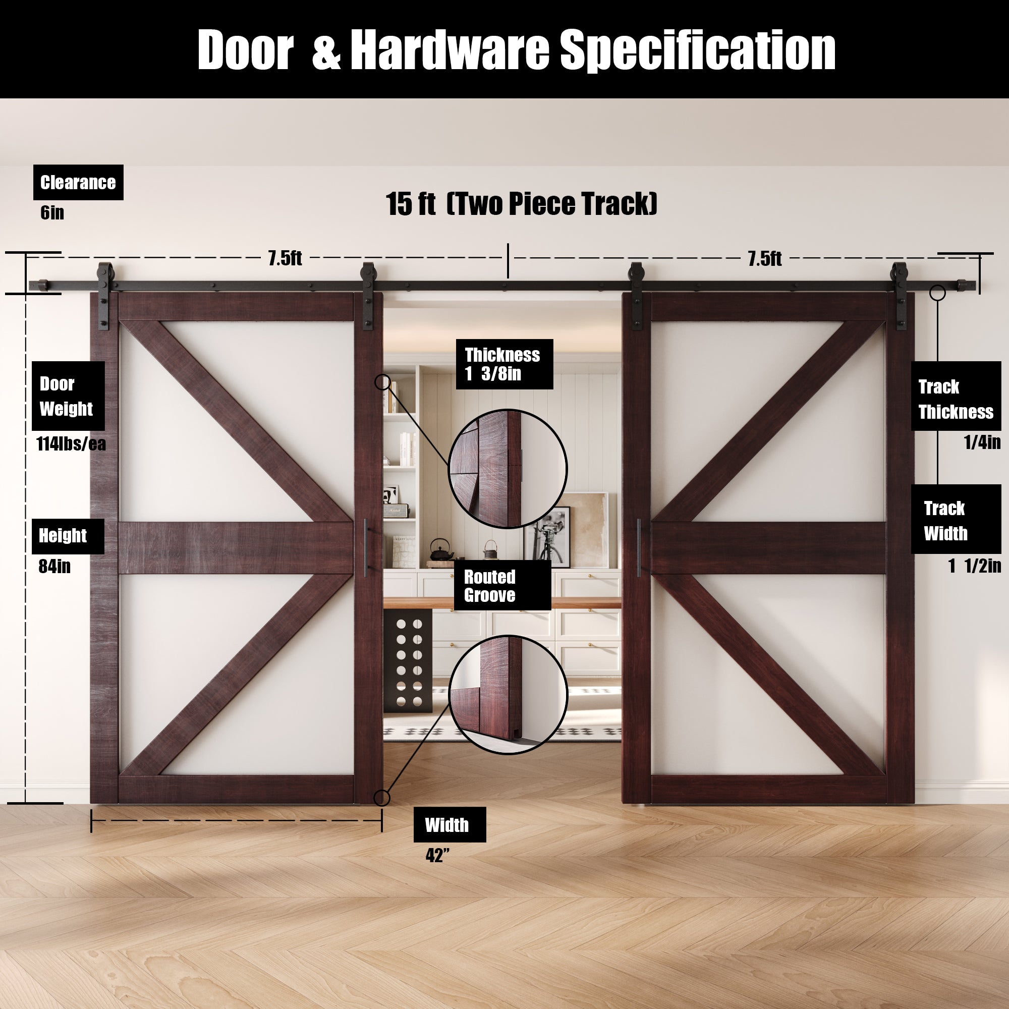 84" Height Red Mahogany Arrow Pattern Glass Double Unassembled & Finished Pine Wood Barn Doors with Non-Bypass Installation Hardware Kit (Interior Use Only)