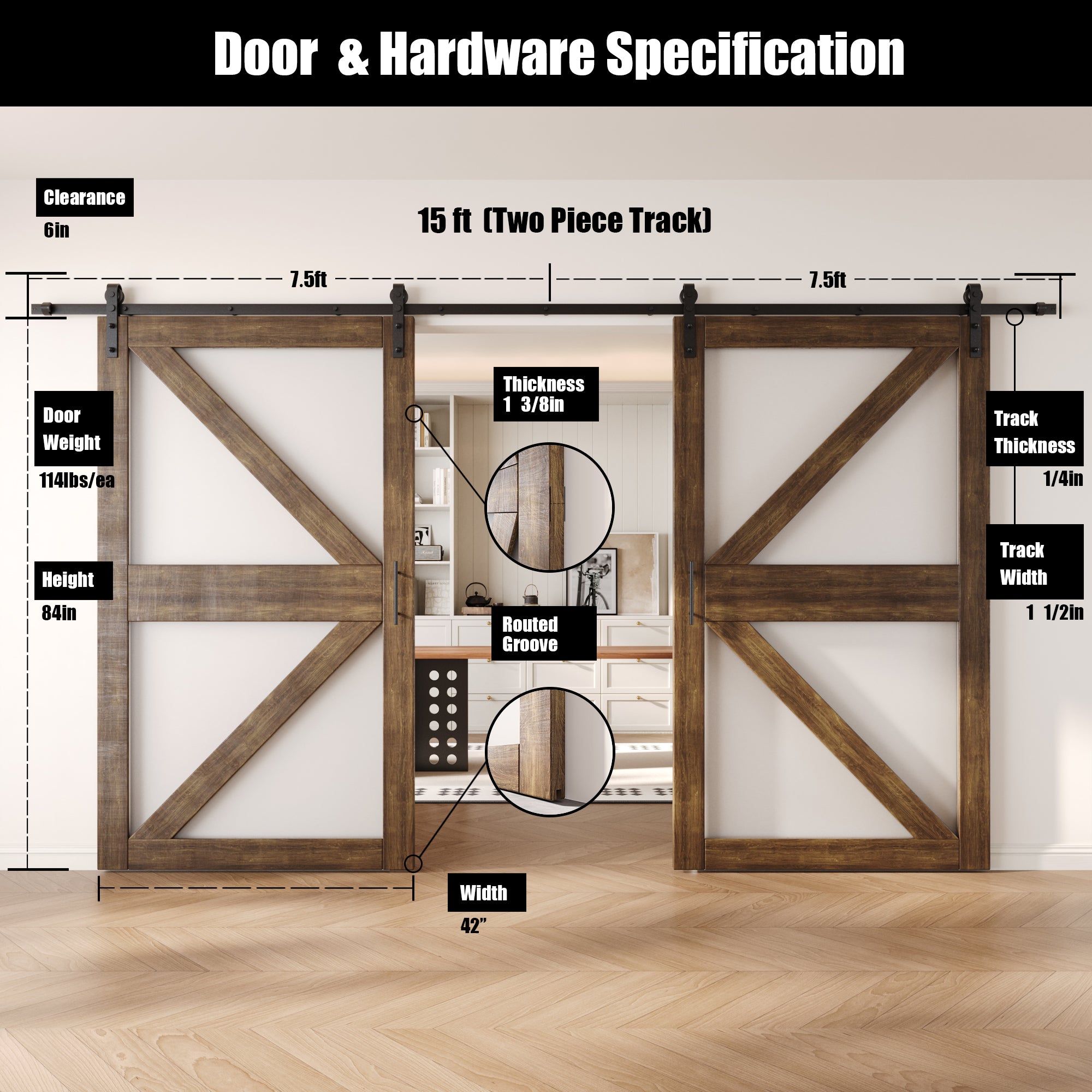 84" Height Dark Walnut Arrow Pattern Glass Double Unassembled & Finished Pine Wood Barn Doors with Non-Bypass Installation Hardware Kit (Interior Use Only)