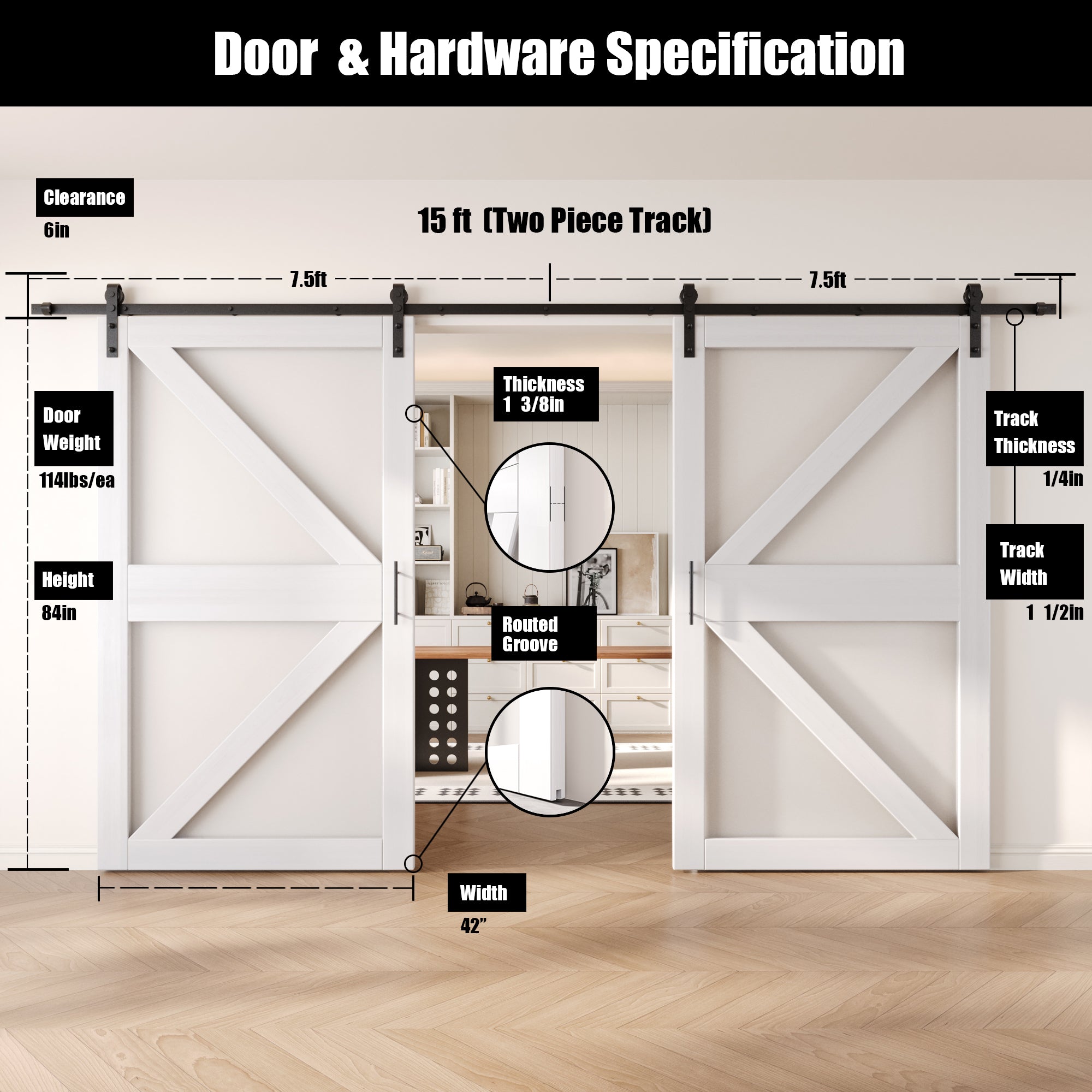 84" Height White Arrow Pattern Glass Double Unassembled & Finished Pine Wood Barn Doors with Non-Bypass Installation Hardware Kit (Interior Use Only)