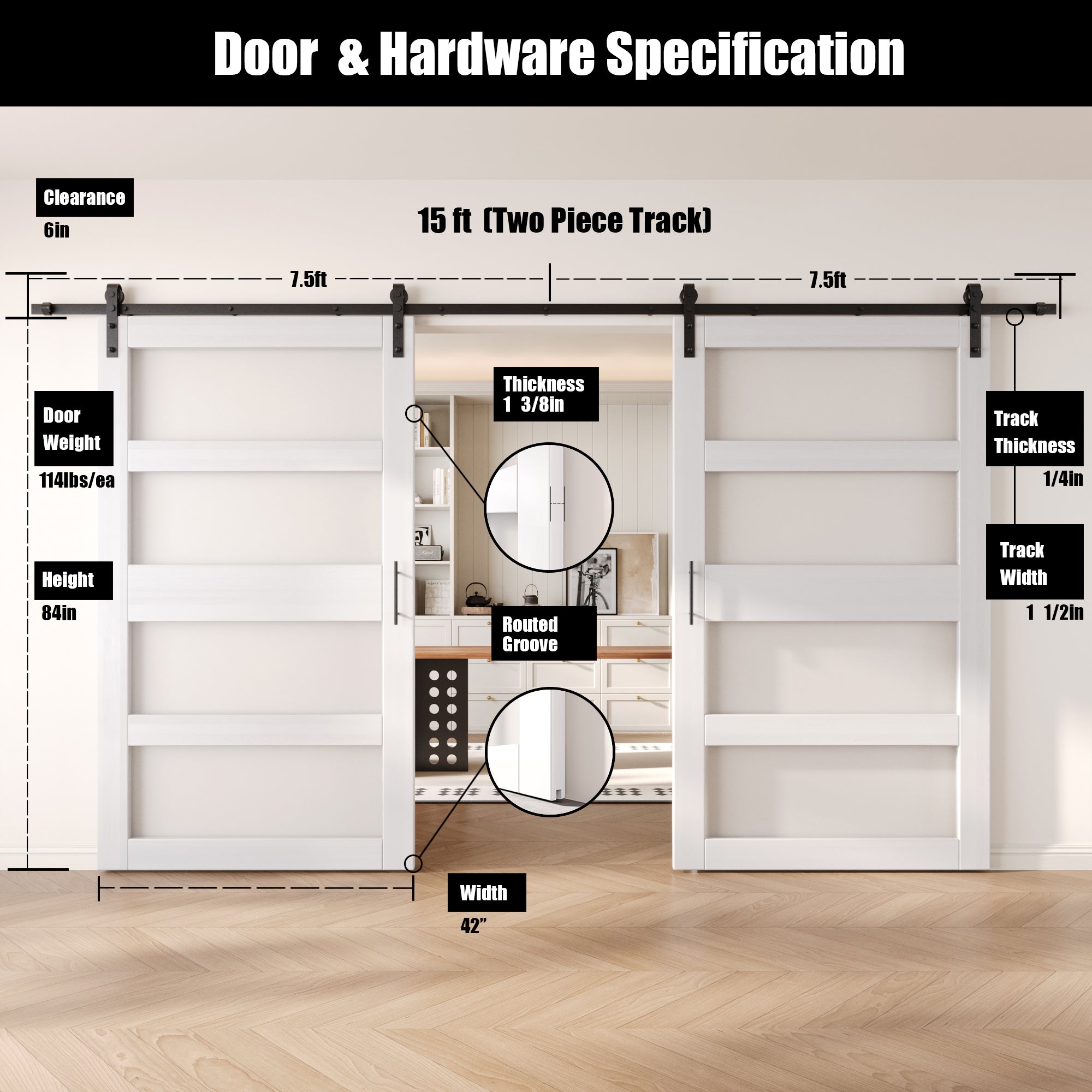 84" Height White 4-Lite Frosted Glass Double Unassembled & Finished Pine Wood Barn Doors with Non-Bypass Installation Hardware Kit (Interior Use Only)