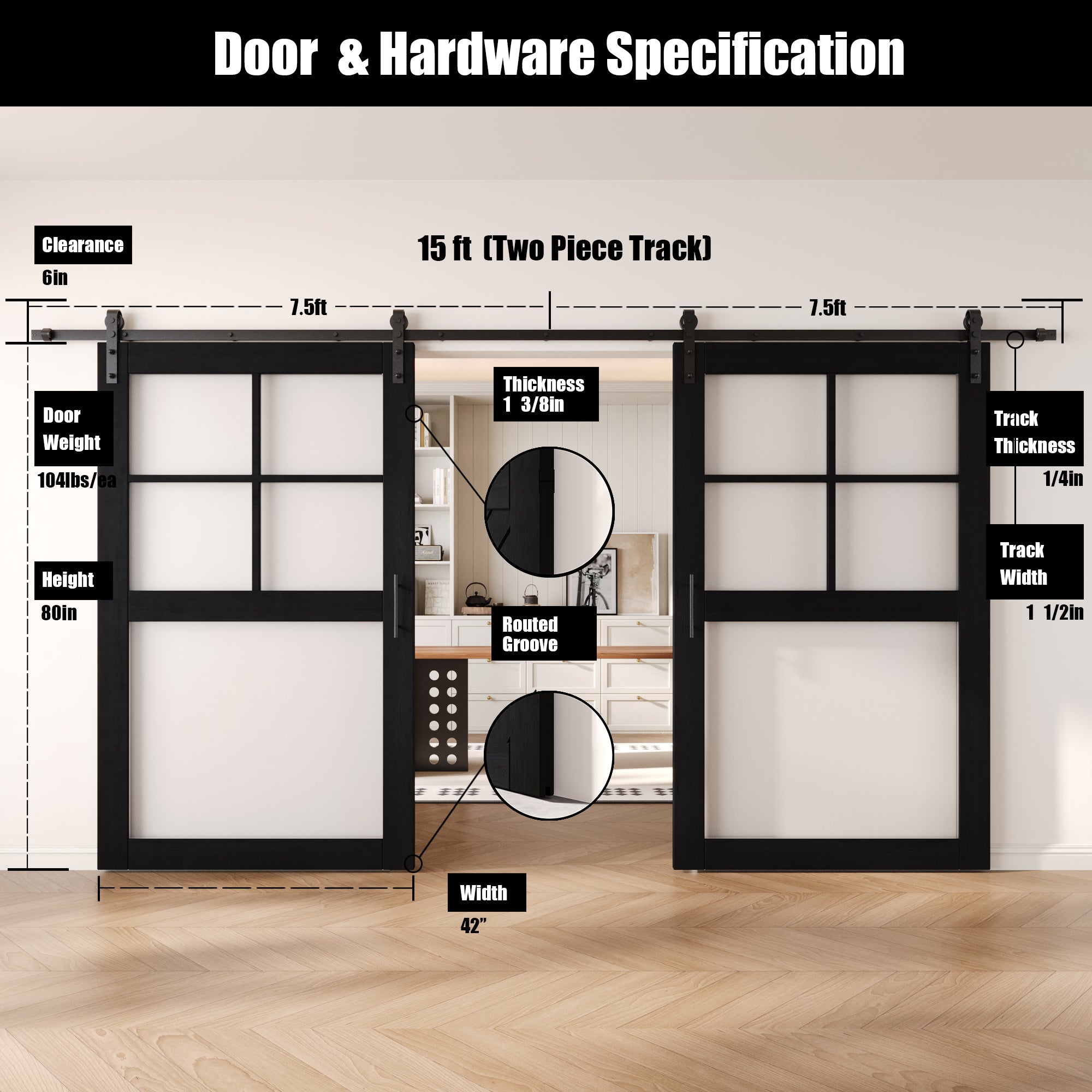 80" Height Black 5-Lite Frosted Glass Double Unassembled & Finished Pine Wood Barn Doors with Non-Bypass Installation Hardware Kit (Interior Use Only)