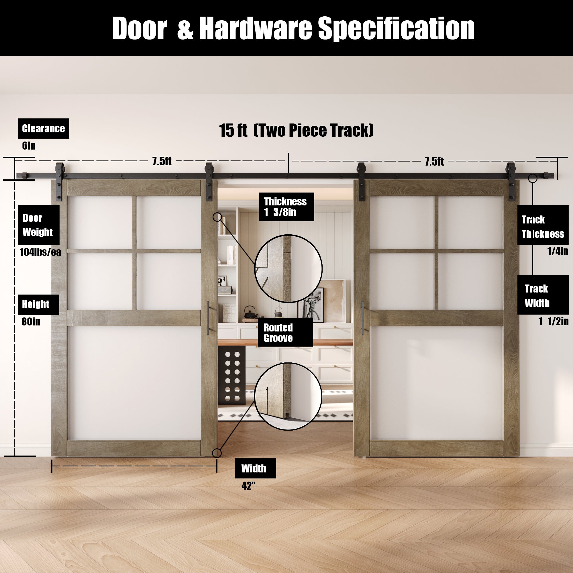 80" Height Classic Gray 5-Lite Frosted Glass Double Unassembled & Finished Pine Wood Barn Doors with Non-Bypass Installation Hardware Kit (Interior Use Only)