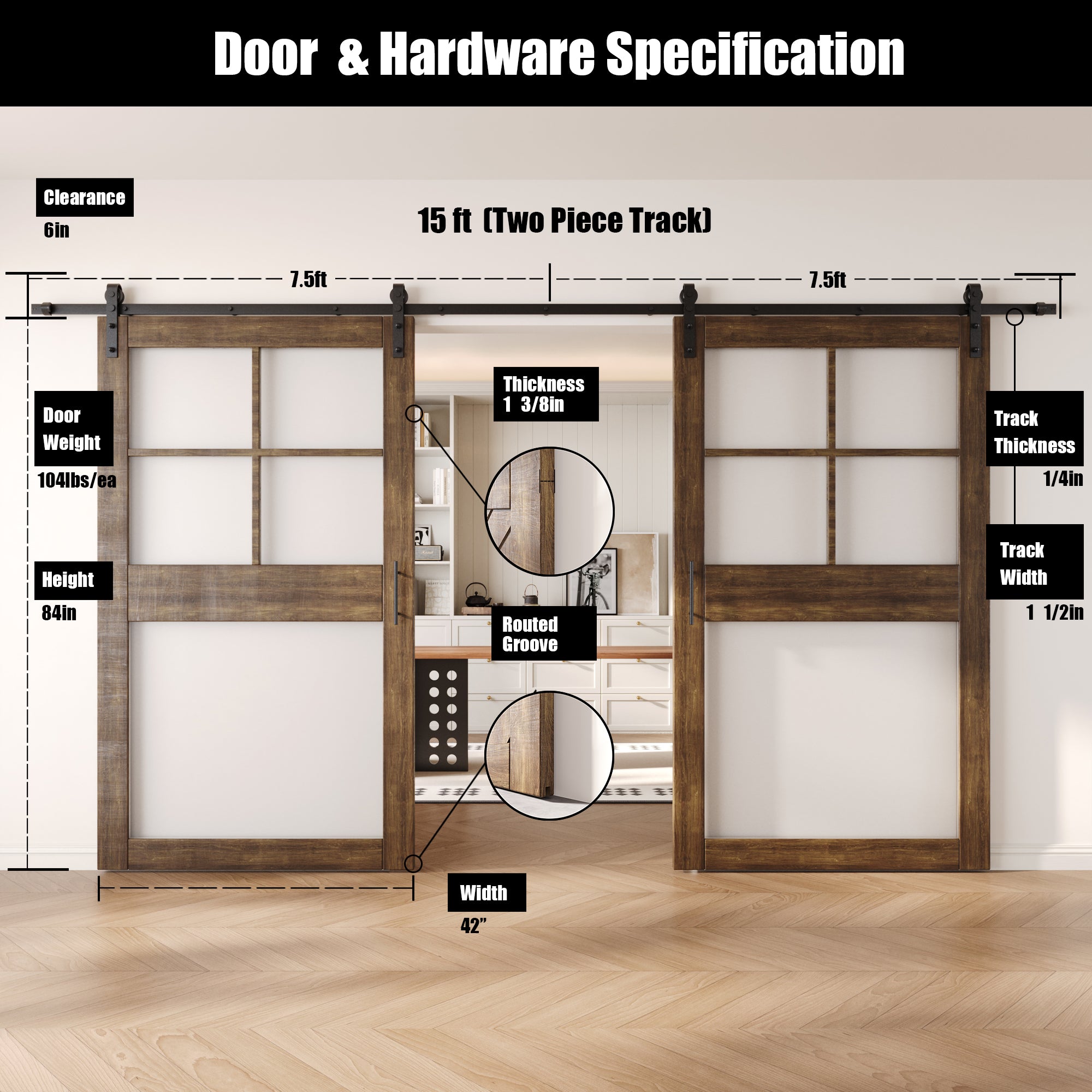 84" Height Dark Walnut 5-Lite Frosted Glass Double Unassembled & Finished Pine Wood Barn Doors with Non-Bypass Installation Hardware Kit (Interior Use Only)