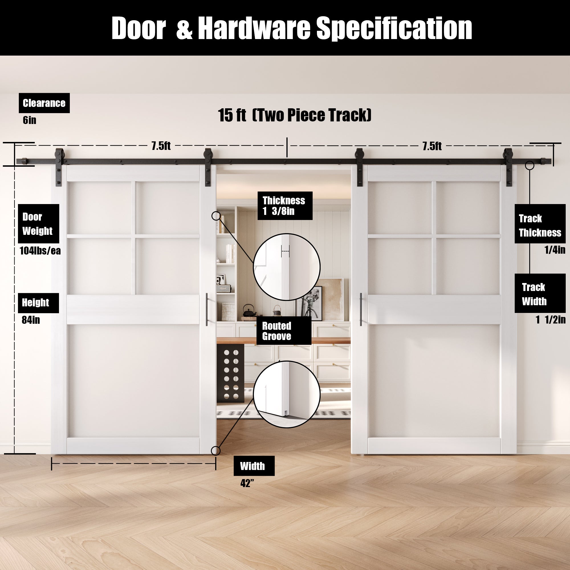 84" Height White 5-Lite Frosted Glass Double Unassembled & Finished Pine Wood Barn Doors with Non-Bypass Installation Hardware Kit (Interior Use Only)