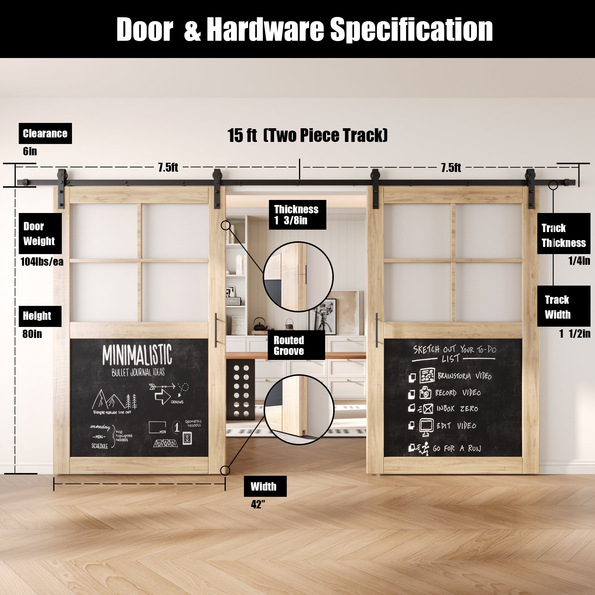 80" Height Half Lite Chalkboard Double Unassembled & Unfinished Pine Wood Barn Doors with Non-Bypass Installation Hardware Kit (Interior Use Only)