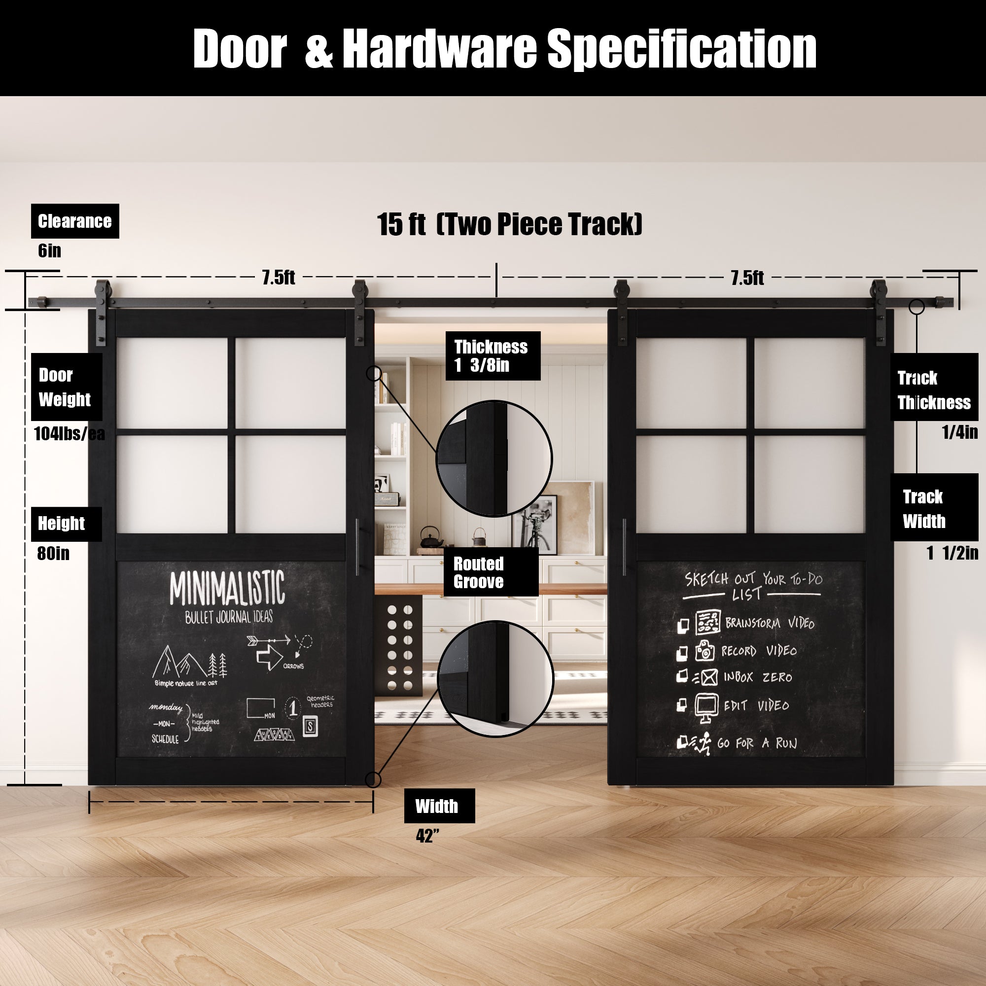 80" Height Black Half Lite Chalkboard Double Unassembled & Finished Pine Wood Barn Doors with Non-Bypass Installation Hardware Kit (Interior Use Only)