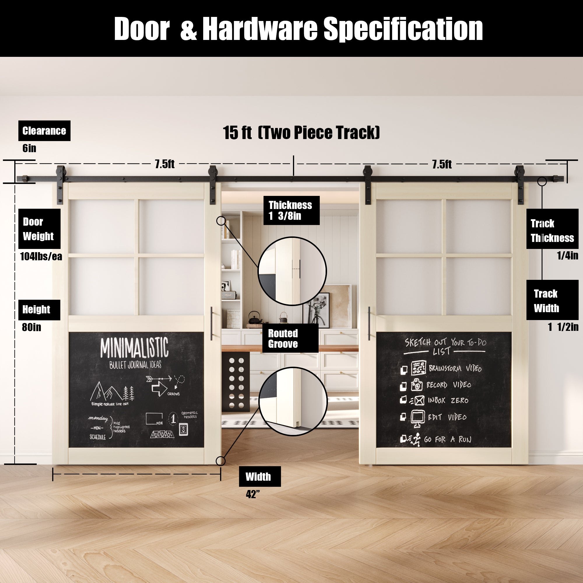 80" Height Half Lite Tinsmith Gray Chalkboard Double Unassembled & Finished Pine Wood Barn Doors with Non-Bypass Installation Hardware Kit (Interior Use Only)