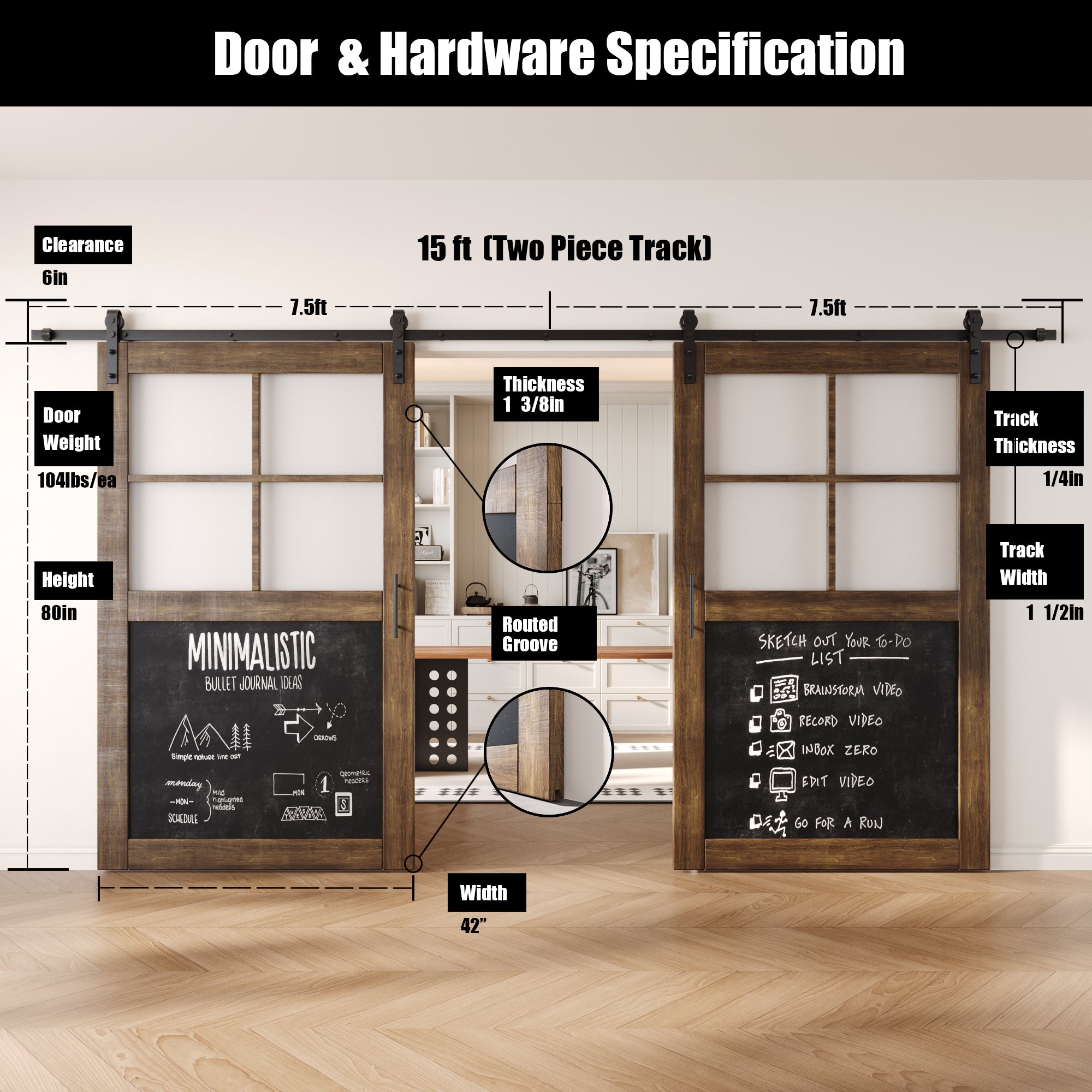 80" Height Dark Walnut Half Lite Chalkboard Double Unassembled & Finished Pine Wood Barn Doors with Non-Bypass Installation Hardware Kit (Interior Use Only)