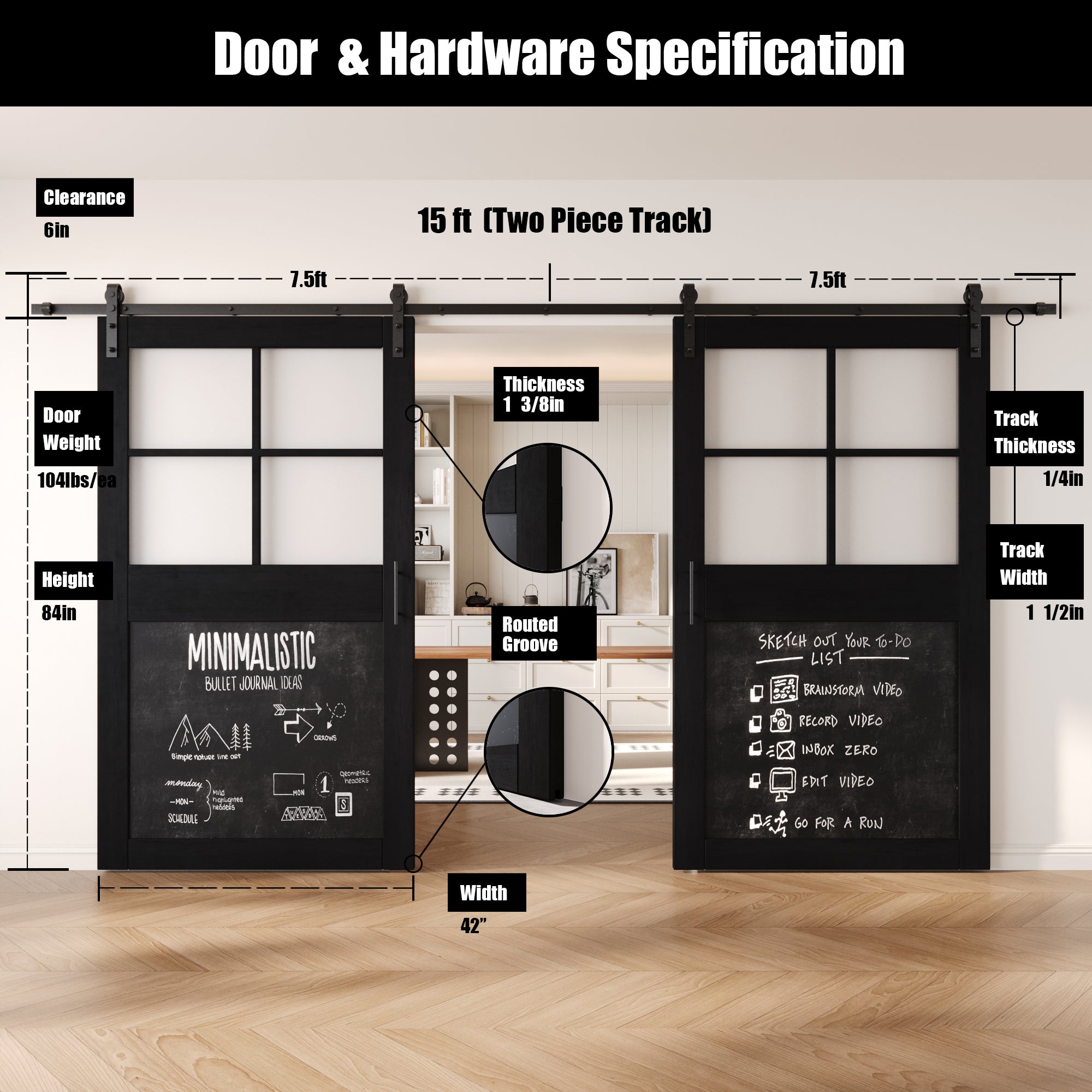 84" Height Black Half Lite Chalkboard Double Unassembled & Finished Pine Wood Barn Doors with Non-Bypass Installation Hardware Kit (Interior Use Only)