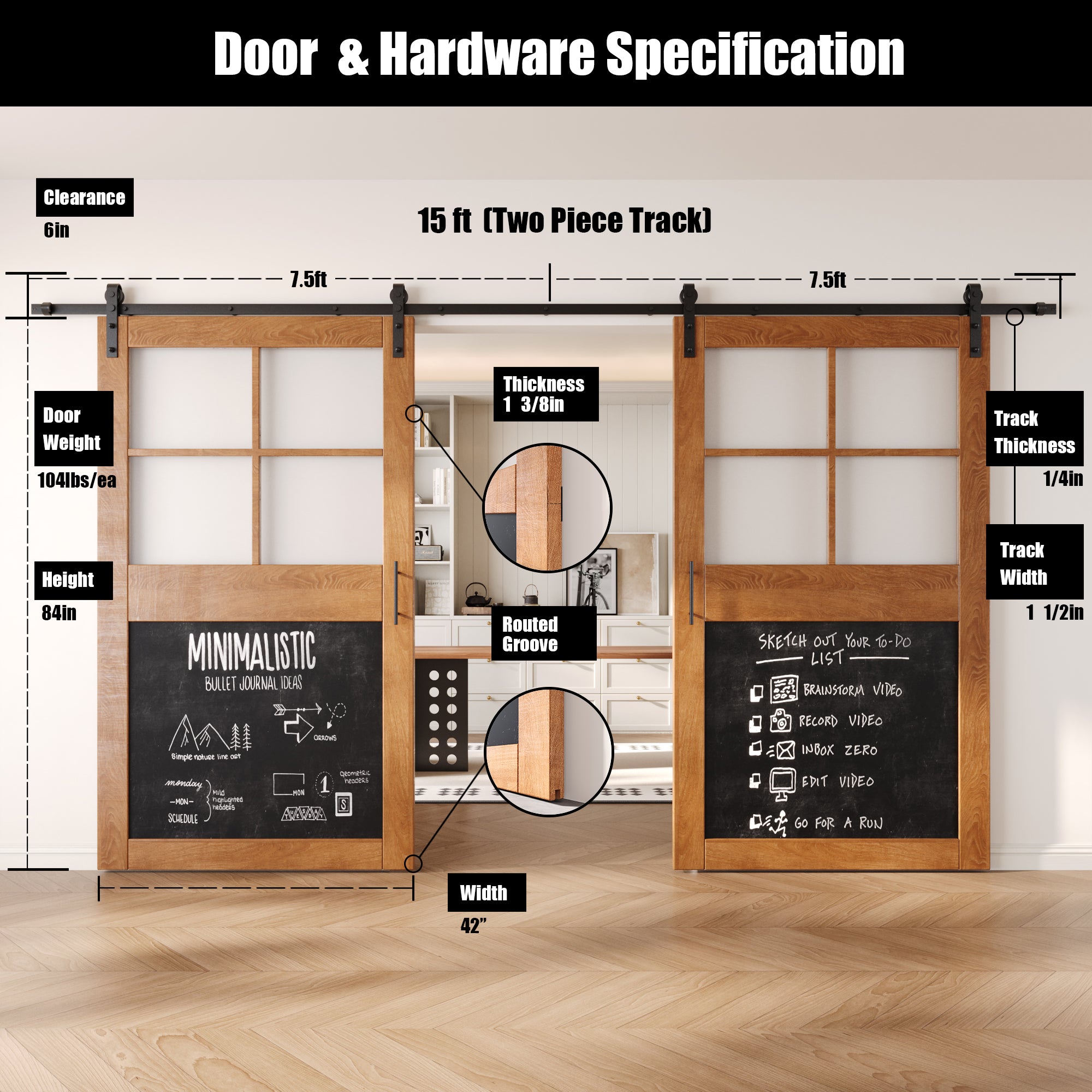 84" Height Early American Half Lite Chalkboard Double Unassembled & Finished Pine Wood Barn Doors with Non-Bypass Installation Hardware Kit (Interior Use Only)