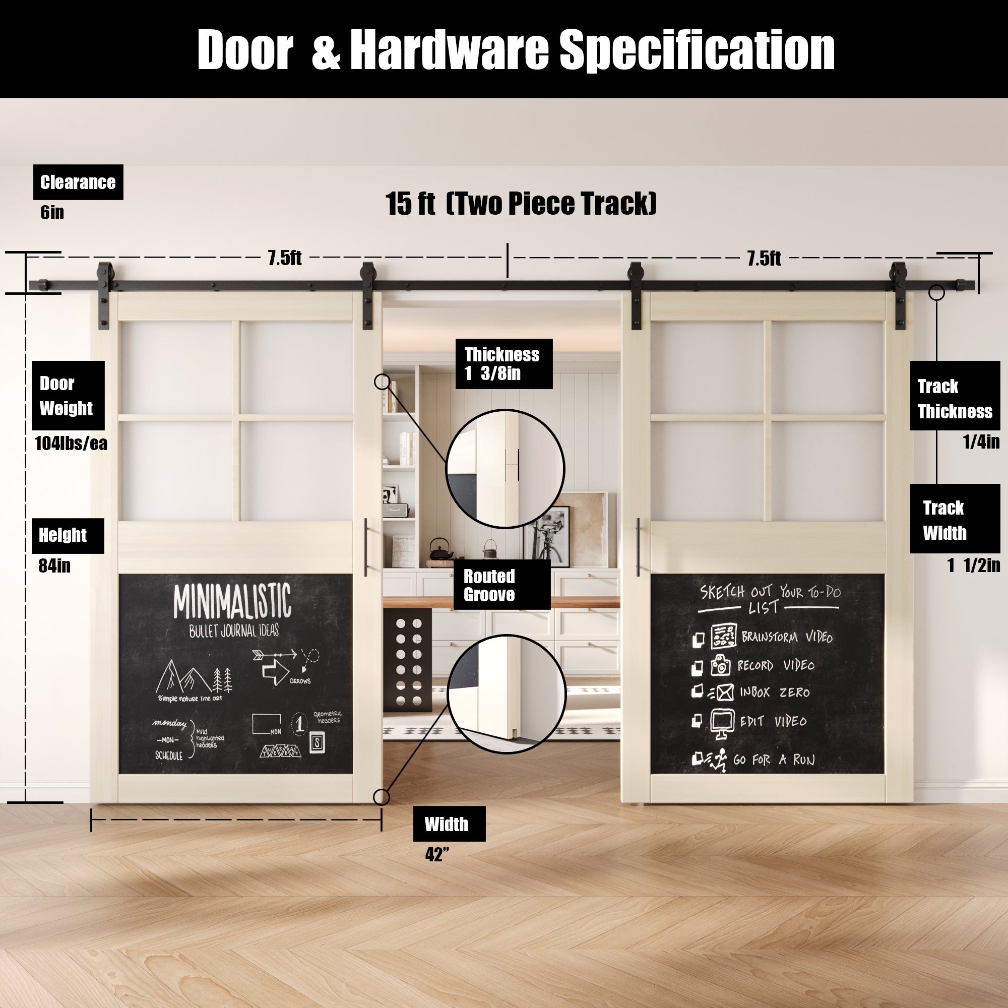 84" Height Tinsmith Gray Half Lite Chalkboard Double Unassembled & Finished Pine Wood Barn Doors with Non-Bypass Installation Hardware Kit (Interior Use Only)