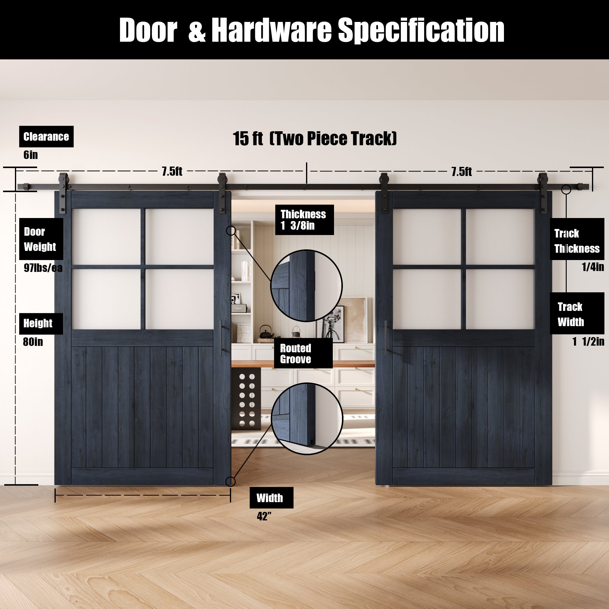 80" Height Navy Half Lite Grid Glass Double Unassembled & Finished Pine Wood Barn Doors with Non-Bypass Installation Hardware Kit (Interior Use Only)