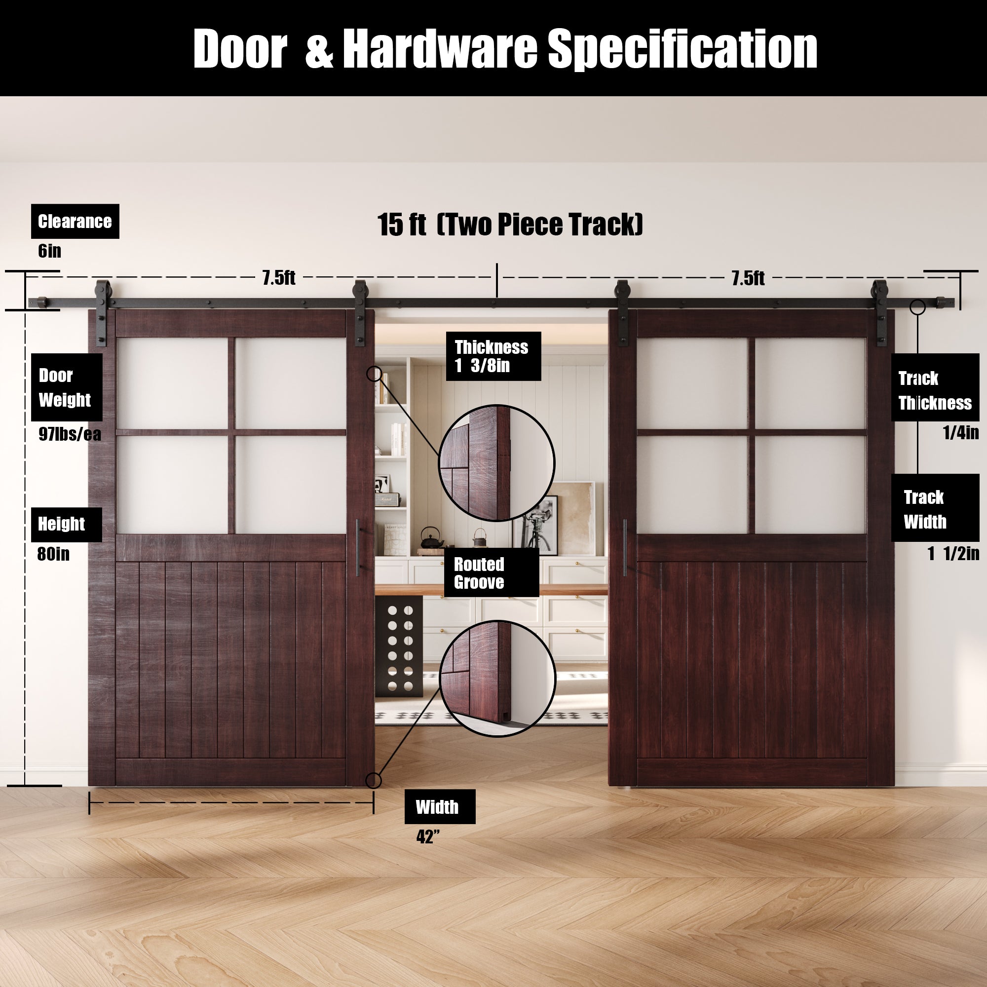 80" Height Red Mahogany Half Lite Grid Glass Double Unassembled & Finished Pine Wood Barn Doors with Non-Bypass Installation Hardware Kit (Interior Use Only)