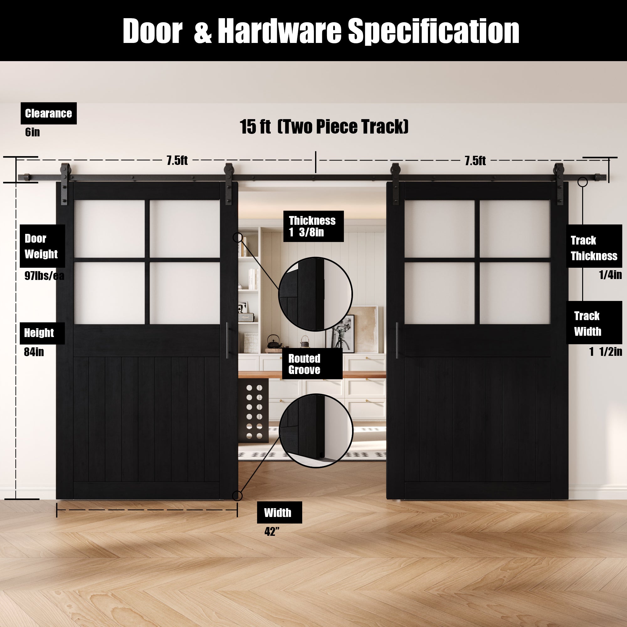 84" Height Black Half Lite Grid Glass Double Unassembled & Finished Pine Wood Barn Doors with Non-Bypass Installation Hardware Kit (Interior Use Only)