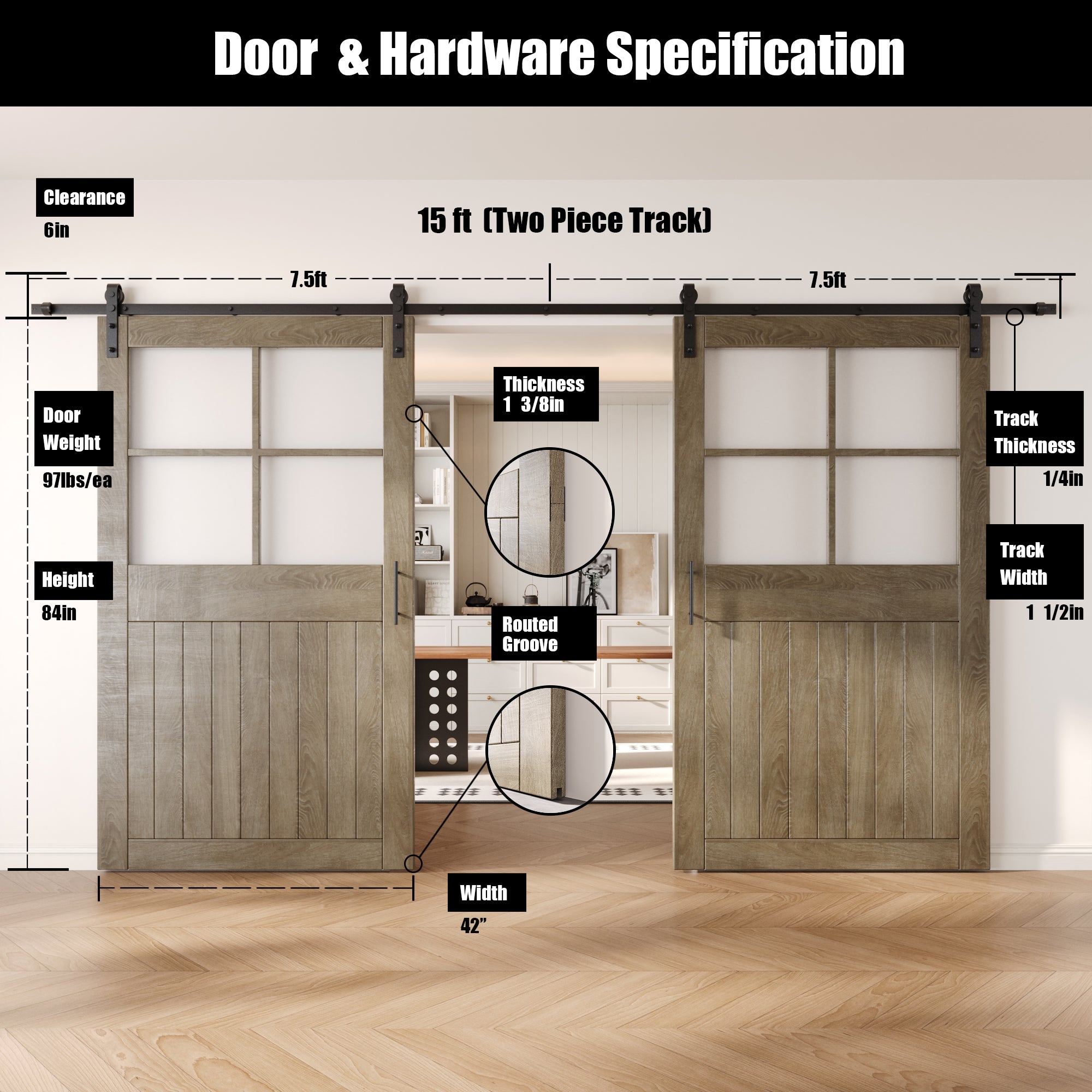 84" Height Classic Gray Half Lite Grid Glass Double Unassembled & Finished Pine Wood Barn Doors with Non-Bypass Installation Hardware Kit (Interior Use Only)