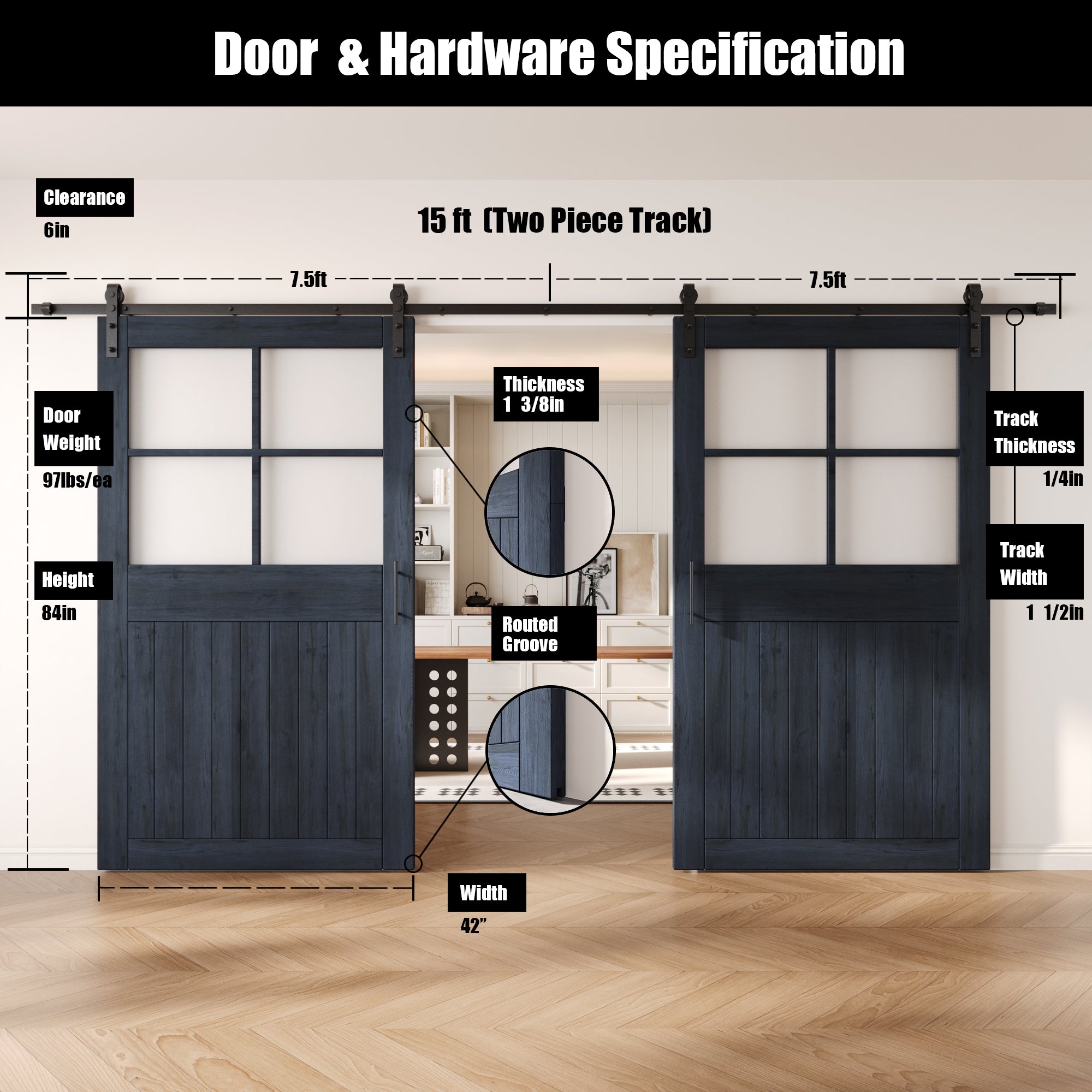 84" Height Navy Half Lite Grid Glass Double Unassembled & Finished Pine Wood Barn Doors with Non-Bypass Installation Hardware Kit (Interior Use Only)