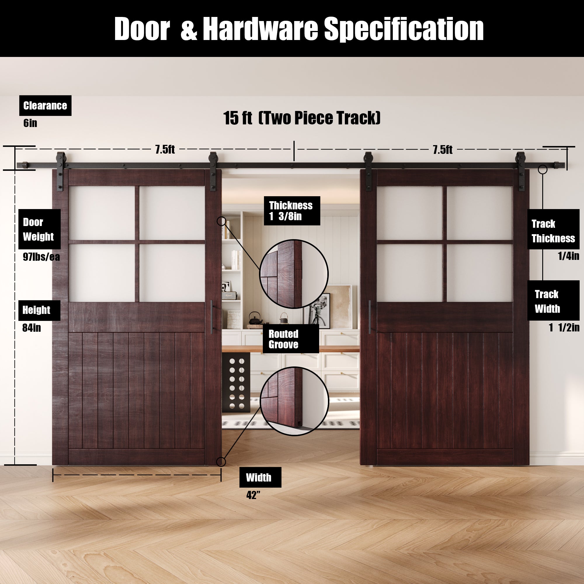 84" Height Red Mahogany Half Lite Grid Glass Double Unassembled & Finished Pine Wood Barn Doors with Non-Bypass Installation Hardware Kit (Interior Use Only)