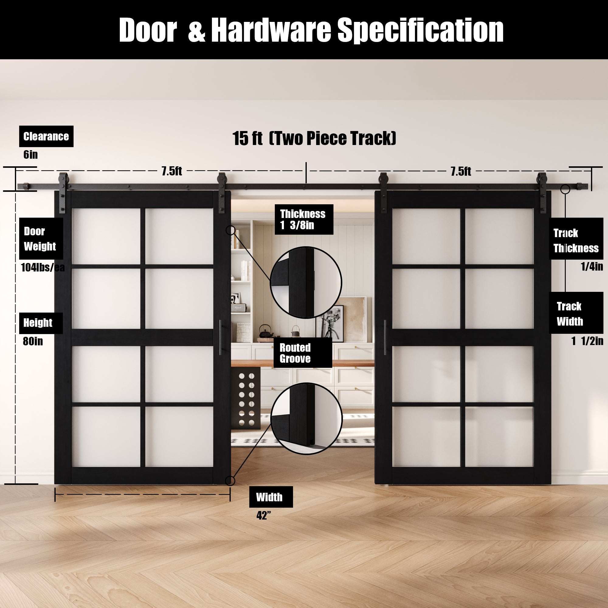 80" Height Black 8-Lite Frosted Glass Double Unassembled & Finished Pine Wood Barn Doors with Non-Bypass Installation Hardware Kit (Interior Use Only)