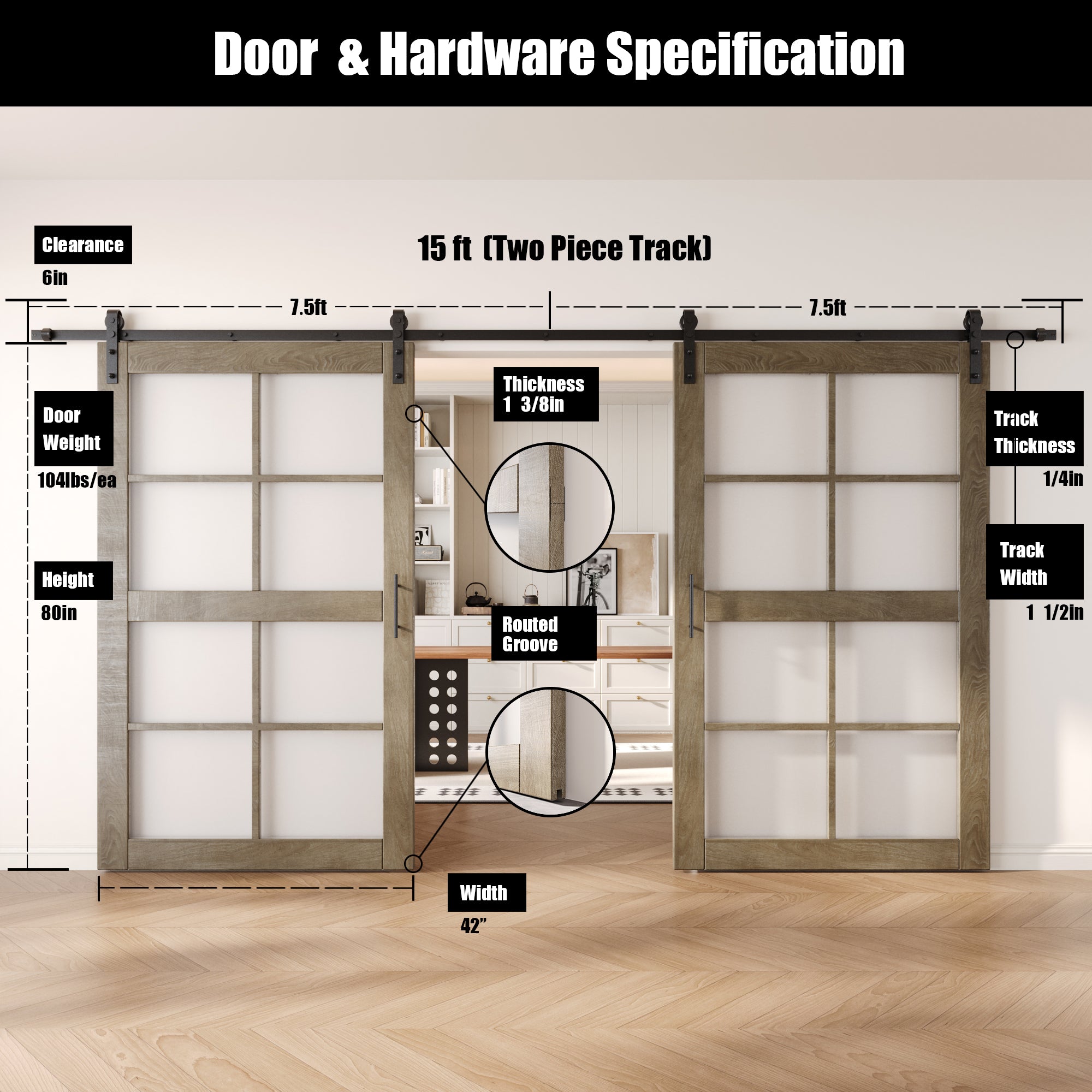 80" Height Classic Gray 8-Lite Frosted Glass Double Unassembled & Finished Pine Wood Barn Doors with Non-Bypass Installation Hardware Kit (Interior Use Only)
