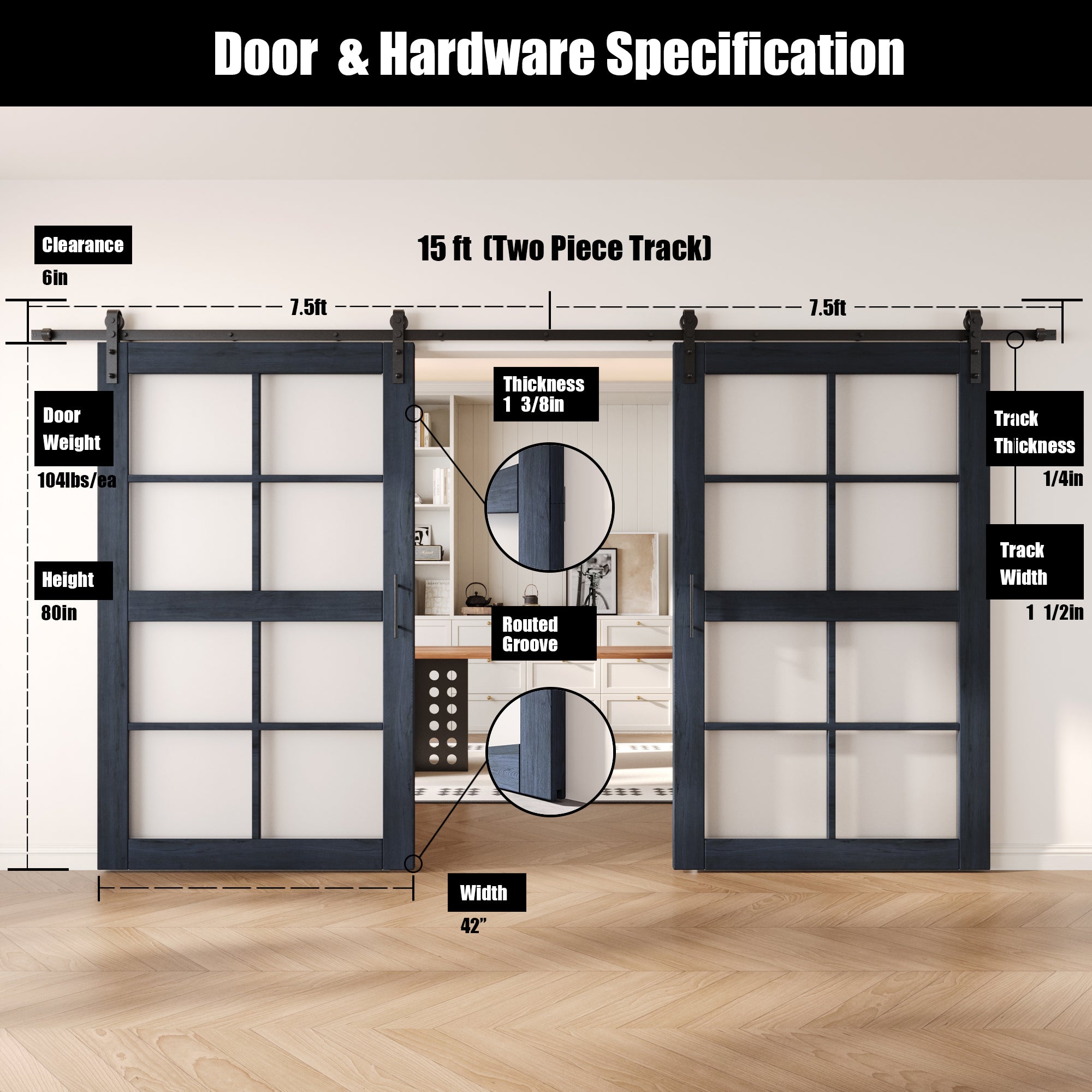 80" Height Navy 8-Lite Frosted Glass Double Unassembled & Finished Pine Wood Barn Doors with Non-Bypass Installation Hardware Kit (Interior Use Only)