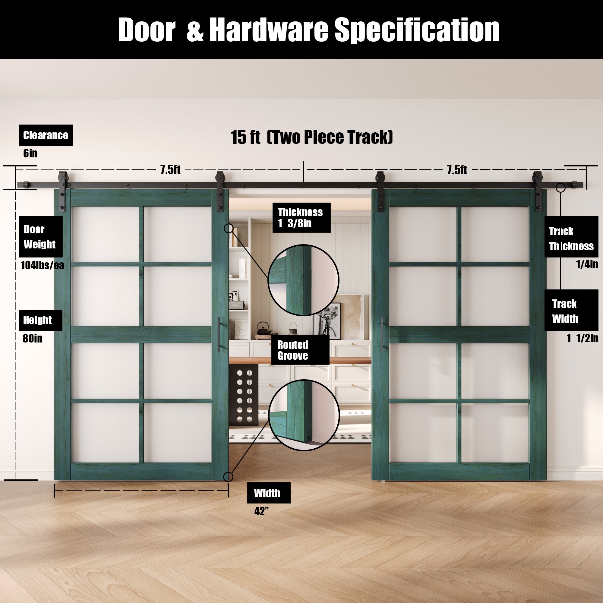 80" Height Royal Pine 8-Lite Frosted Glass Double Unassembled & Finished Pine Wood Barn Doors with Non-Bypass Installation Hardware Kit (Interior Use Only)