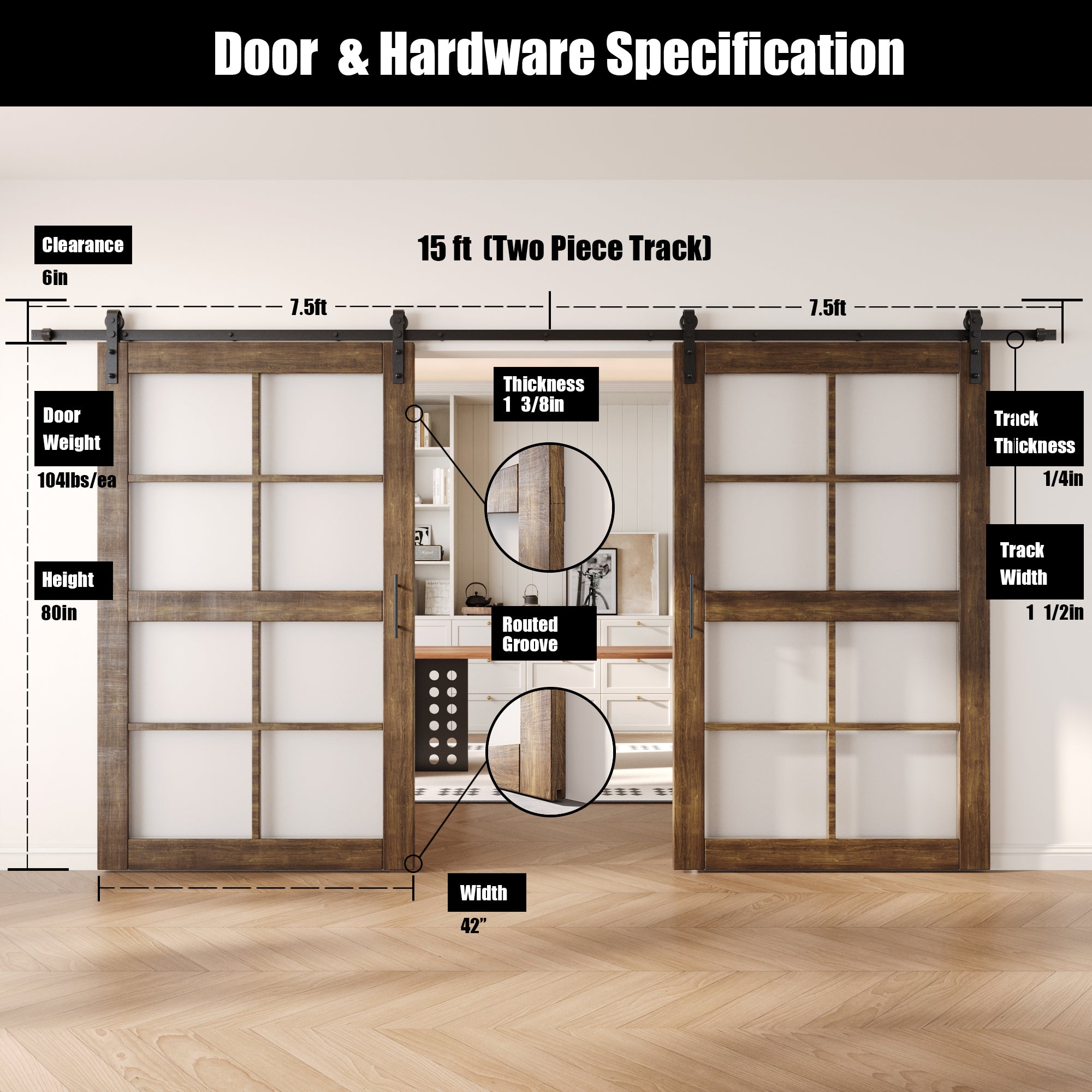 80" Height Dark Walnut 8-Lite Frosted Glass Double Unassembled & Finished Pine Wood Barn Doors with Non-Bypass Installation Hardware Kit (Interior Use Only)