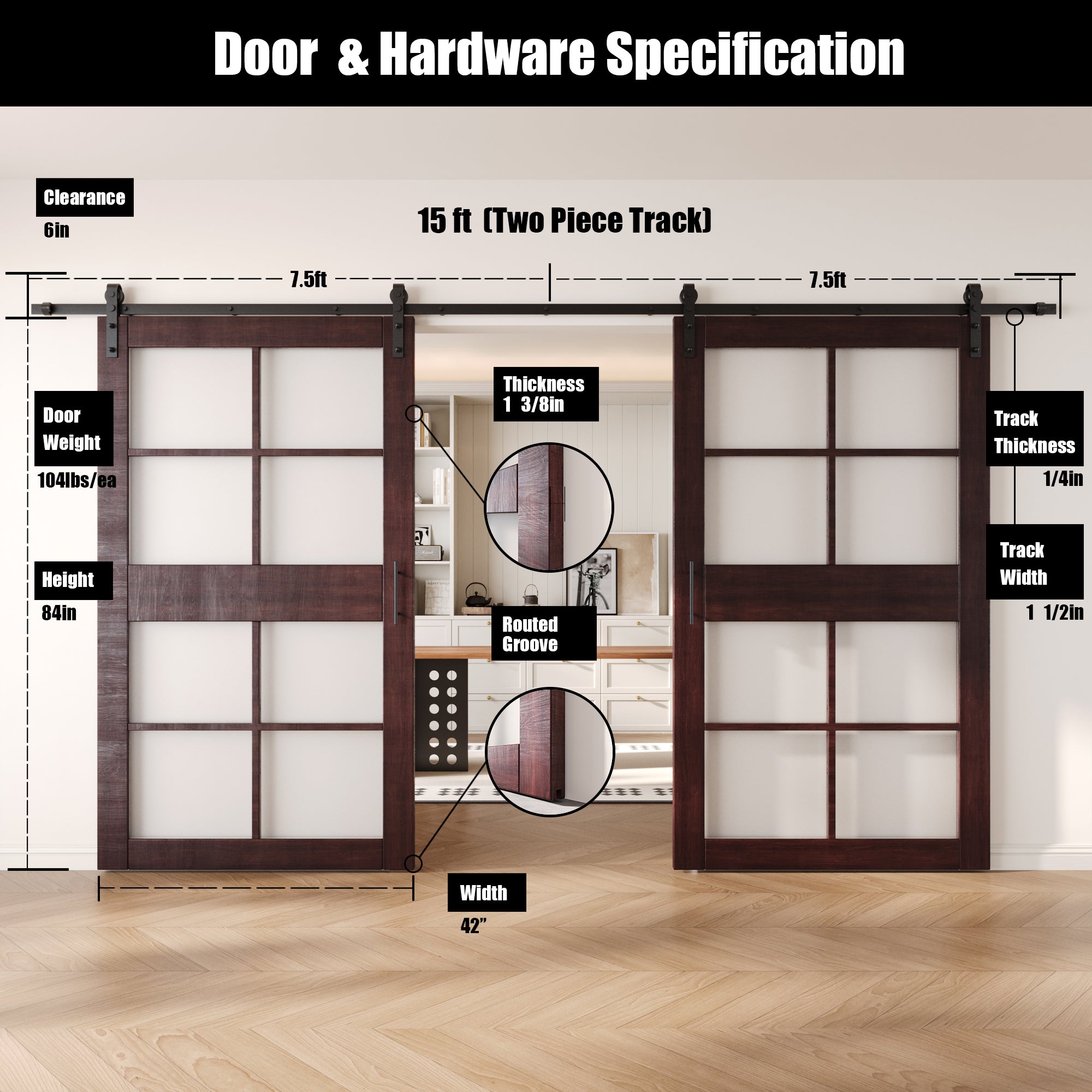 84" Height Red Mahogany 8-Lite Frosted Glass Double Unassembled & Finished Pine Wood Barn Doors with Non-Bypass Installation Hardware Kit (Interior Use Only)