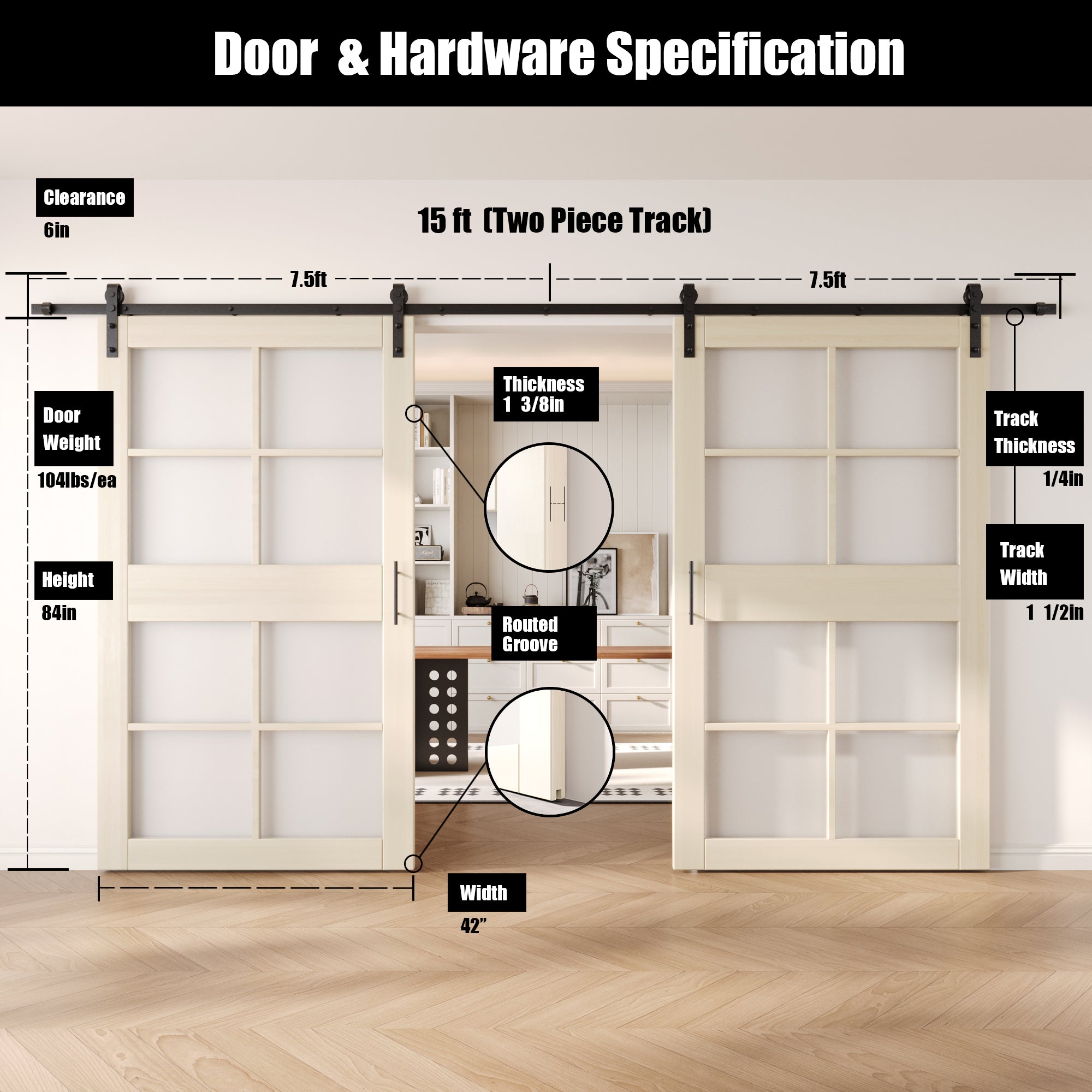 84" Height Tinsmith Gray 8-Lite Frosted Glass Double Unassembled & Finished Pine Wood Barn Doors with Non-Bypass Installation Hardware Kit (Interior Use Only)