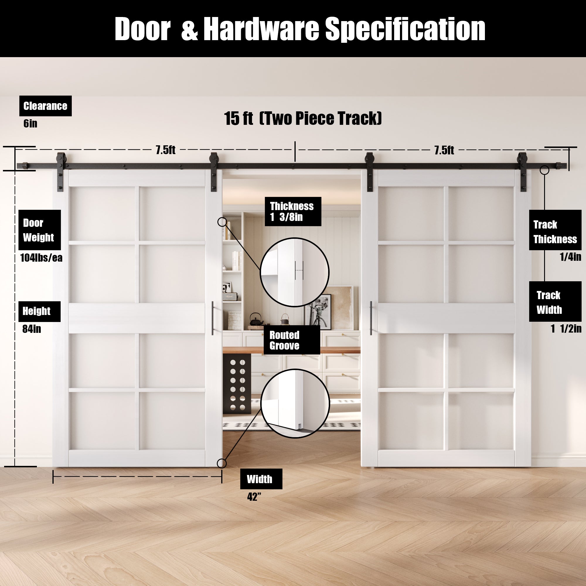 84" Height White 8-Lite Frosted Glass Double Unassembled & Finished Pine Wood Barn Doors with Non-Bypass Installation Hardware Kit (Interior Use Only)