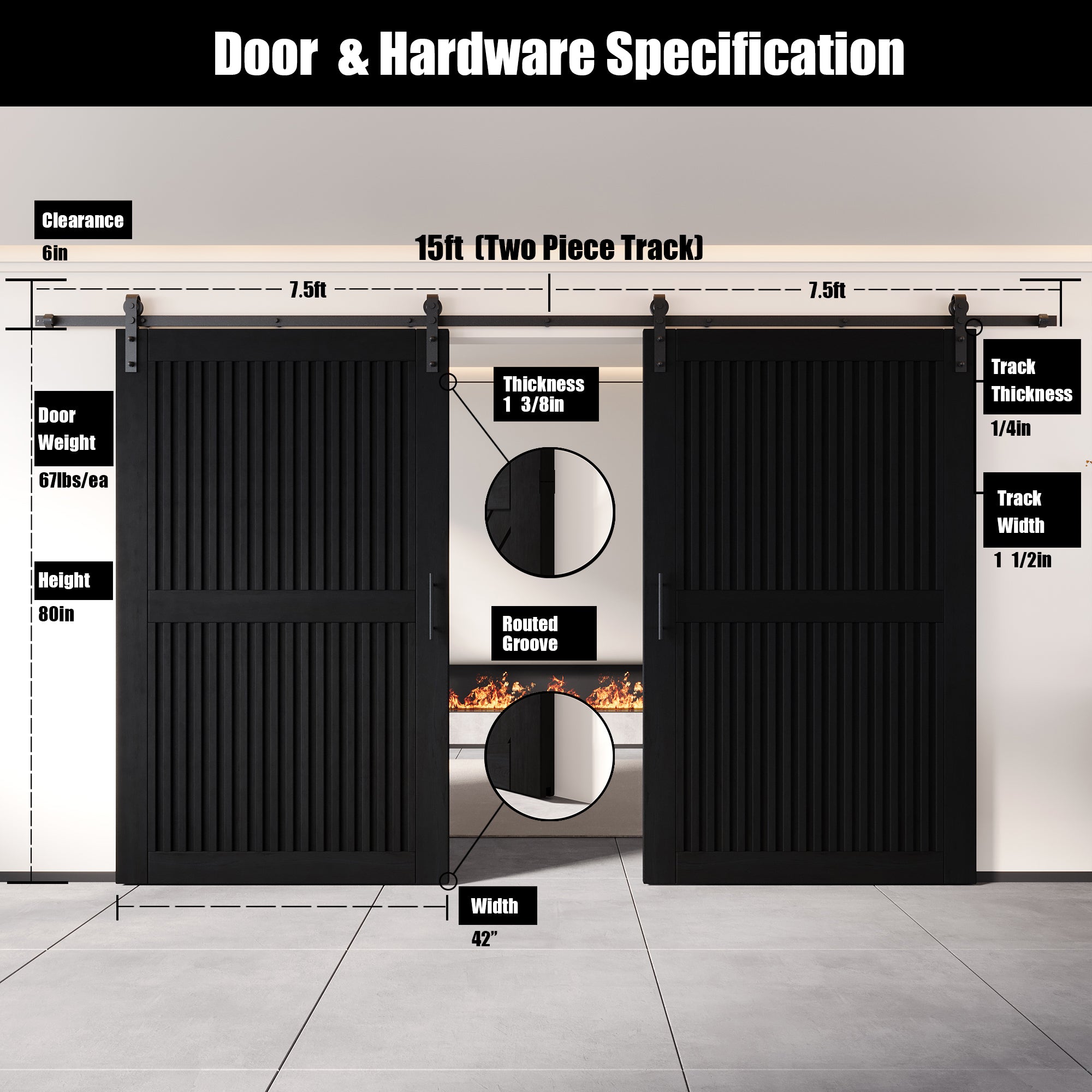 80" Height Black Vertical Stripe Design Unassembled & Finished Double Pine Wood Barn Door with Non-Bypass Installation Hardware Kit(Interior Use Only)