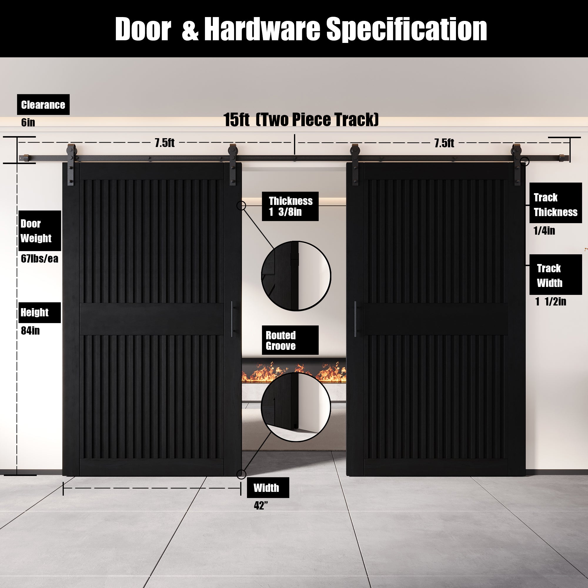 84" Height Black Vertical Stripe Design Unassembled & Finished Double Pine Wood Barn Door with Non-Bypass Installation Hardware Kit(Interior Use Only)