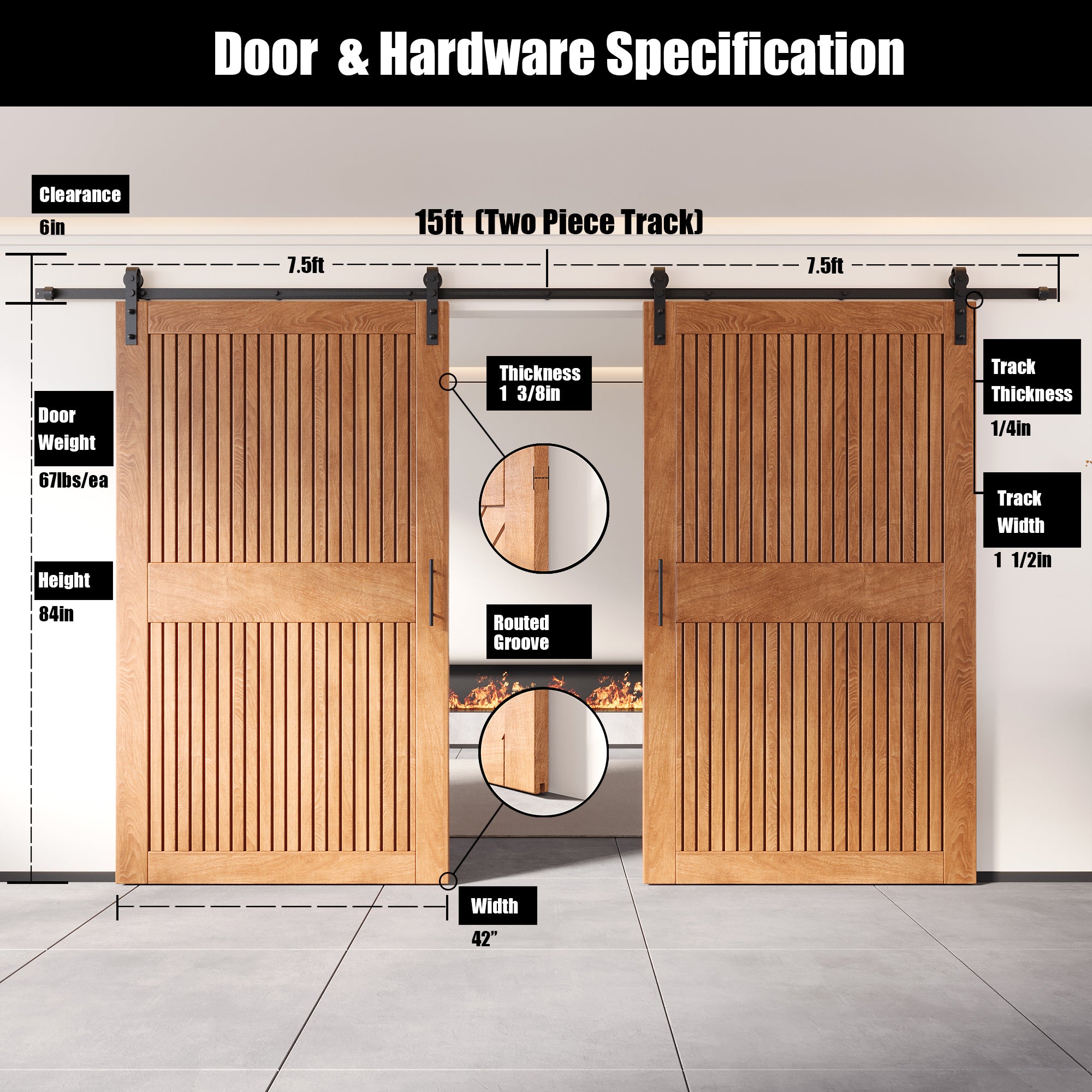84" Height Early American Vertical Stripe Design Unassembled & Finished Double Pine Wood Barn Door with Non-Bypass Installation Hardware Kit(Interior Use Only)