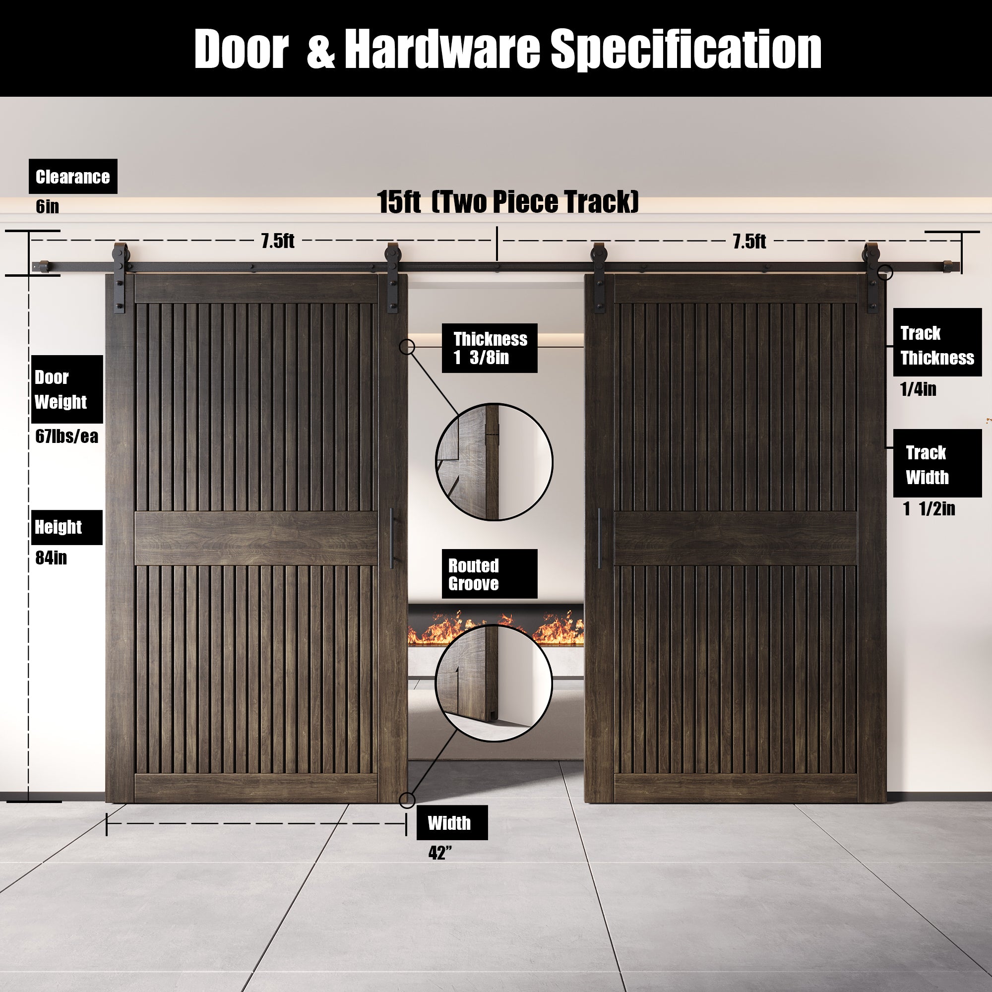 84" Height Ebony Vertical Stripe Design Unassembled & Finished Double Pine Wood Barn Door with Non-Bypass Installation Hardware Kit(Interior Use Only)