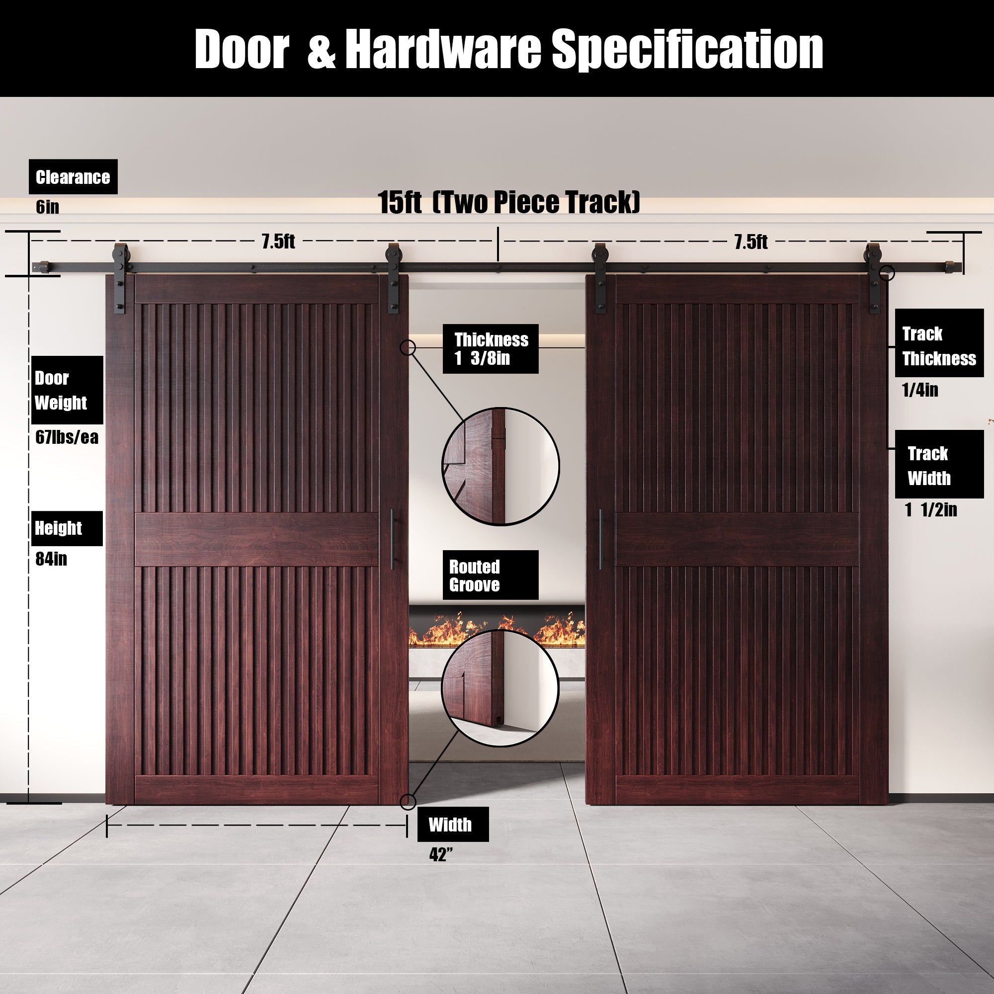 84" Height Red Mahogany Vertical Stripe Design Unassembled & Finished Double Pine Wood Barn Door with Non-Bypass Installation Hardware Kit(Interior Use Only)