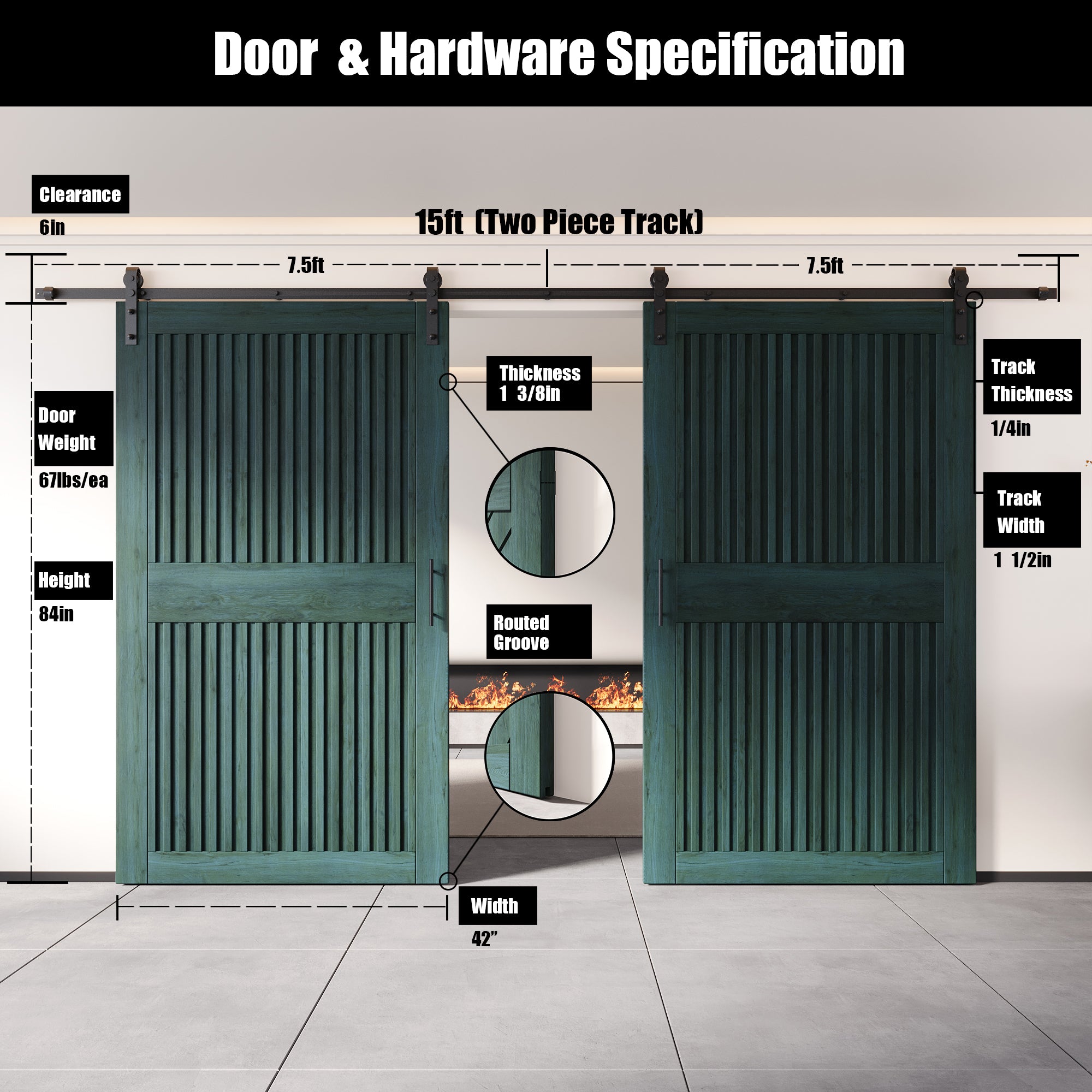 84" Height Royal Pine Vertical Stripe Design Unassembled & Finished Double Pine Wood Barn Door with Non-Bypass Installation Hardware Kit(Interior Use Only)