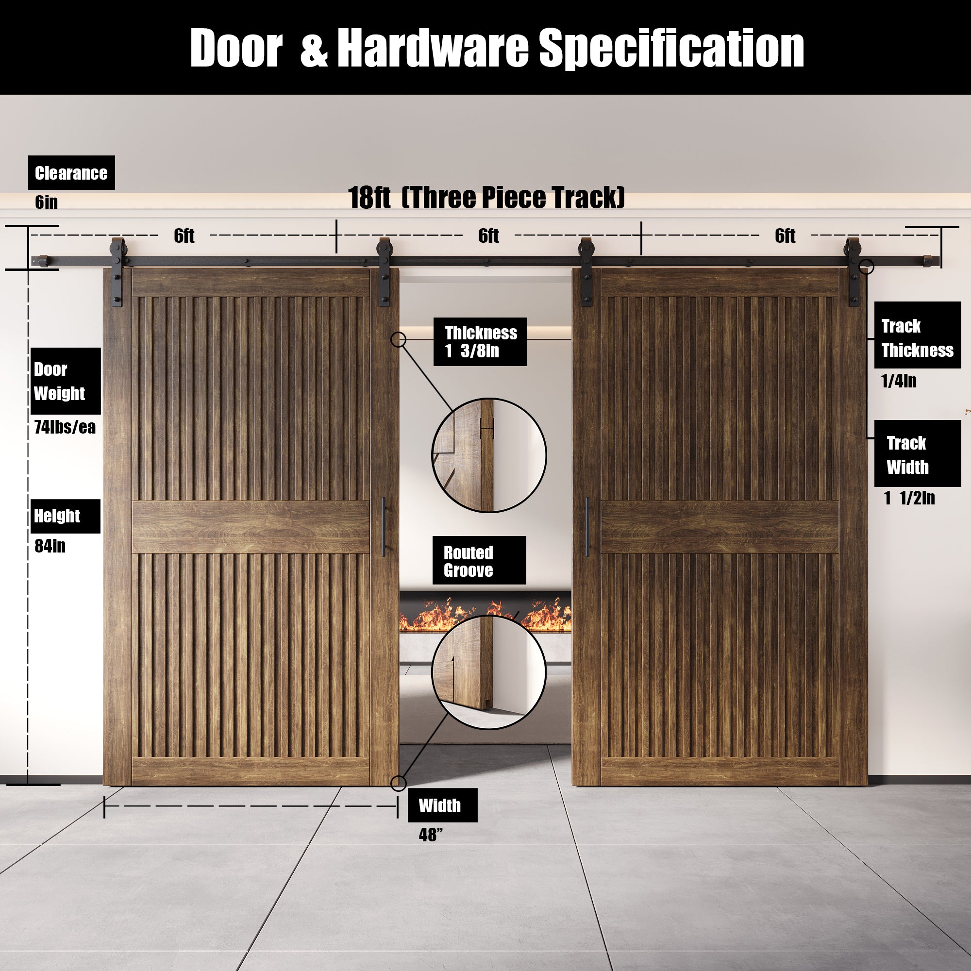 84" Height Dark Walnut Vertical Stripe Design Unassembled & Finished Double Pine Wood Barn Door with Non-Bypass Installation Hardware Kit(Interior Use Only)