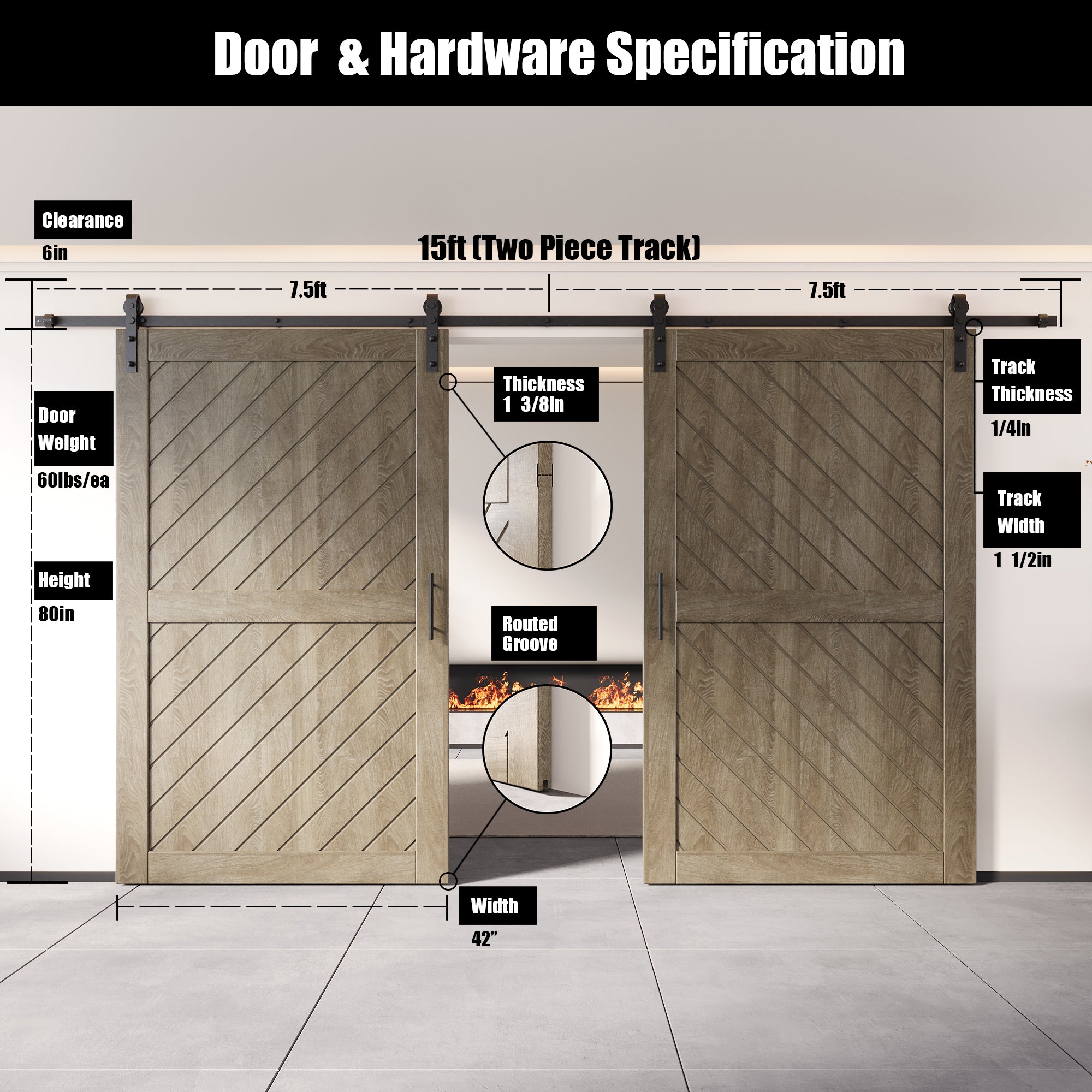 classic gray double barn door, 80-inch, non-bypass installation