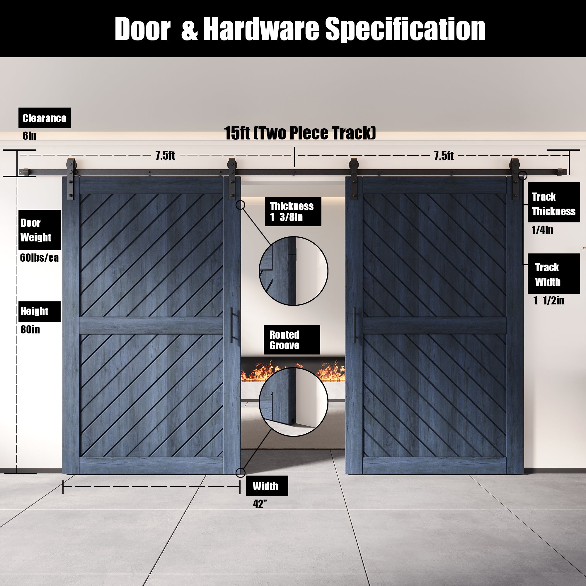 slanted stripe design navy double barn door, 80 inches
