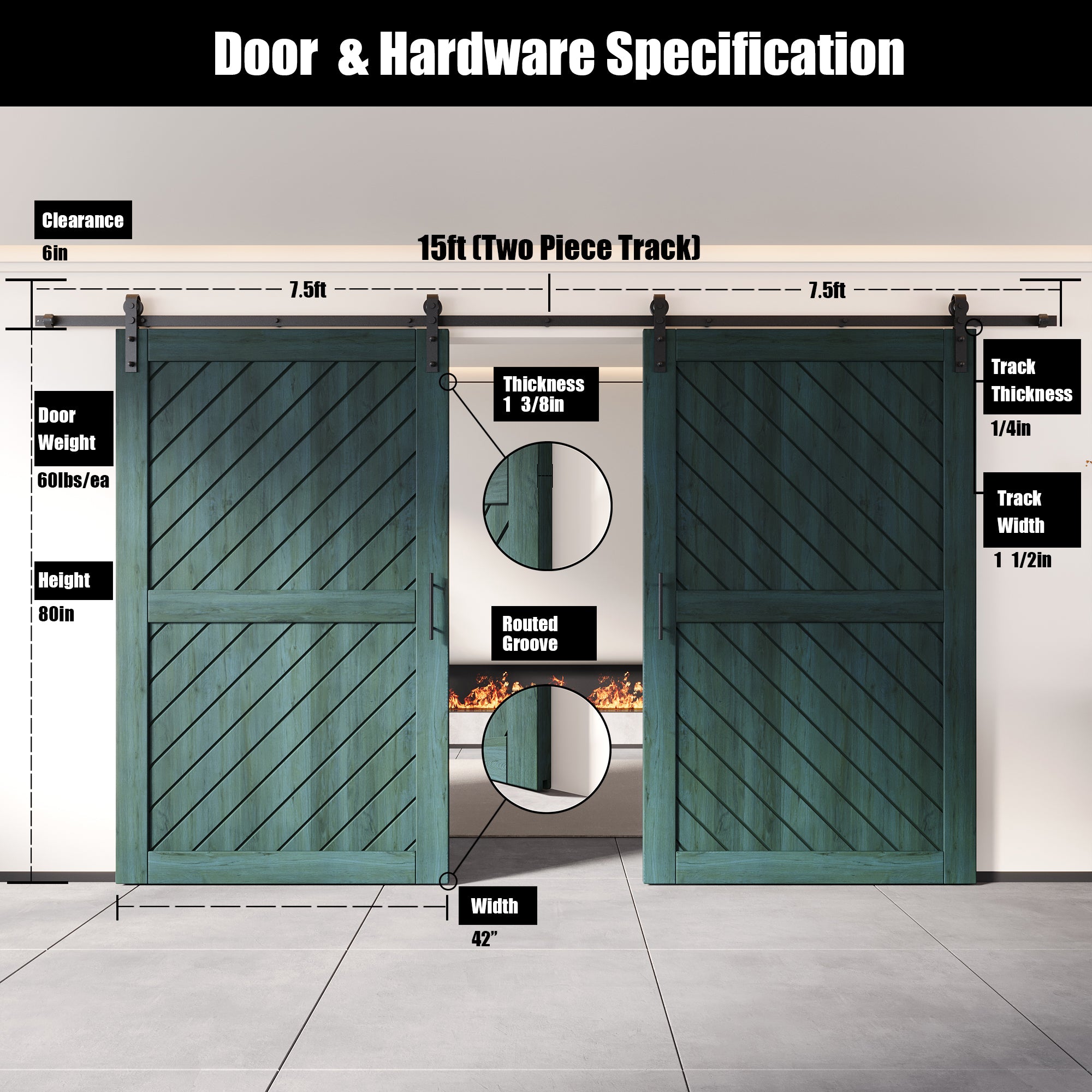 80" Height Royal Pine Slanted Stripe Design Unassembled & Finished Double Pine Wood Barn Door with Non-Bypass Installation Hardware Kit(Interior Use Only)