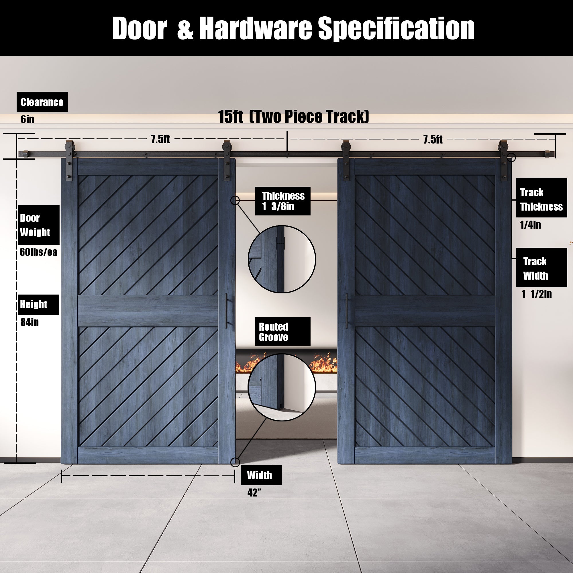 84" Height Navy Slanted Stripe Design Unassembled & Finished Double Pine Wood Barn Door with Non-Bypass Installation Hardware Kit(Interior Use Only)