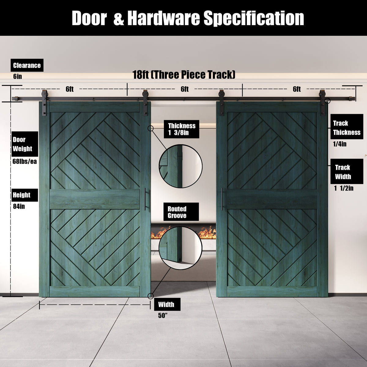 84" Height Royal Pine Geometric Design Unassembled & Finished Double Pine Wood Barn Door with Non-Bypass Installation Hardware Kit(Interior Use Only)