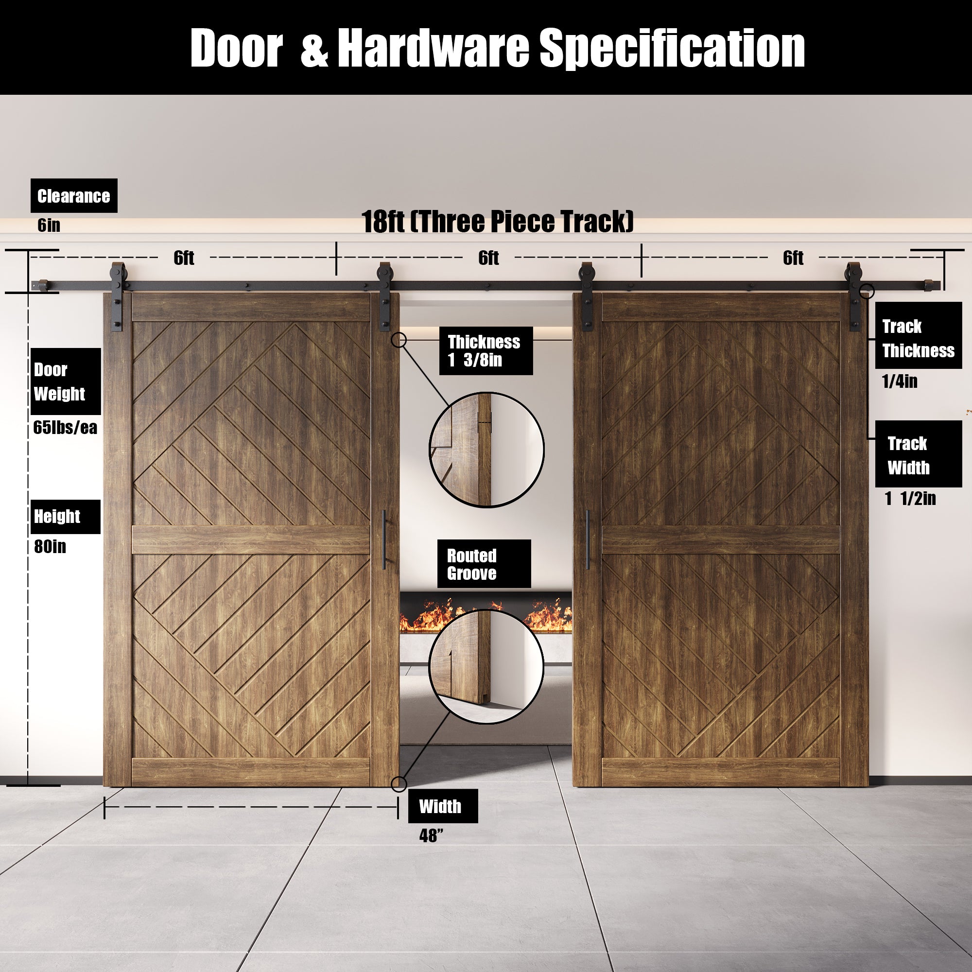 double barn doors with single track non bypass hardware kit, dark walnut finish