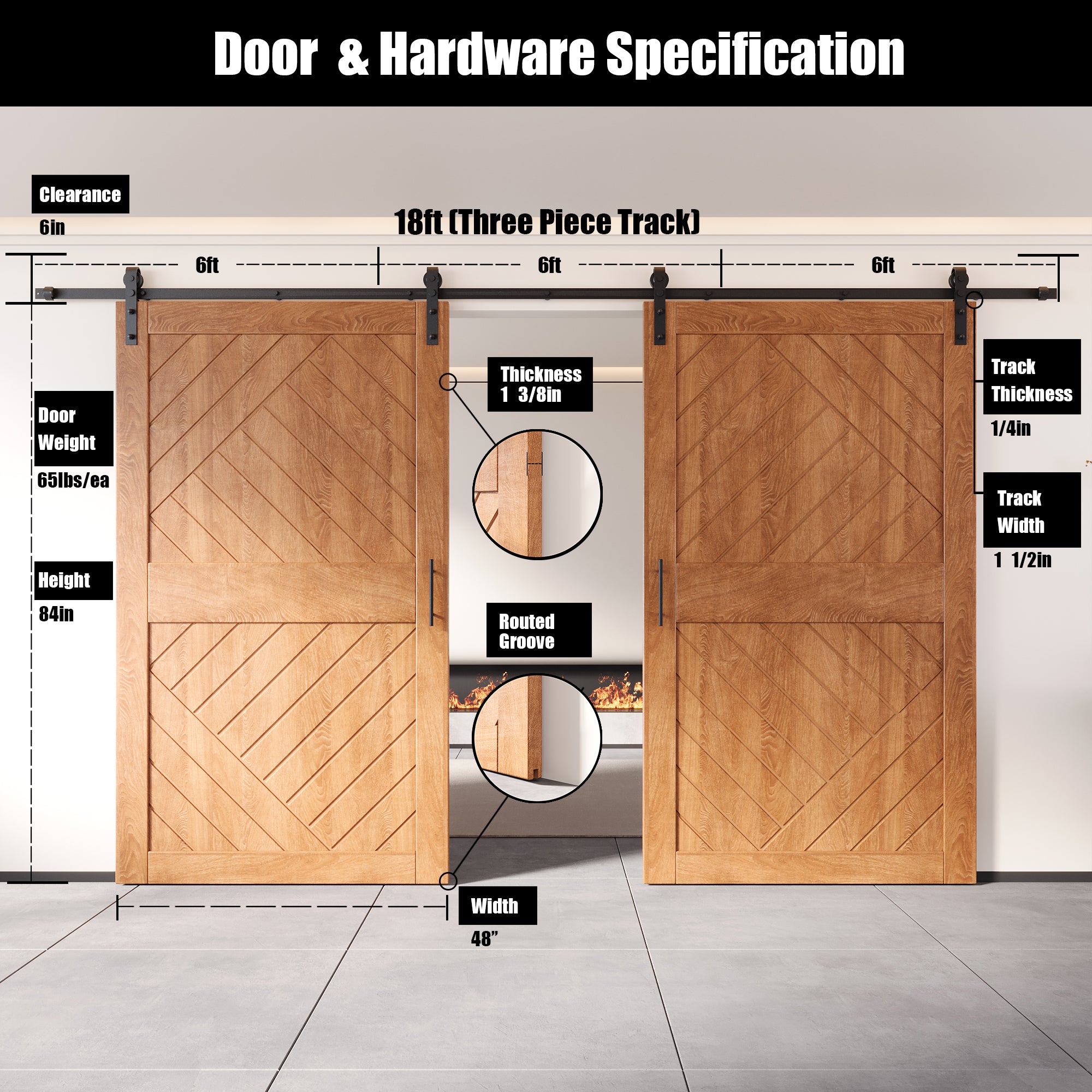 84" Height Early American Geometric Design Unassembled & Finished Double Pine Wood Barn Door with Non-Bypass Installation Hardware Kit(Interior Use Only)