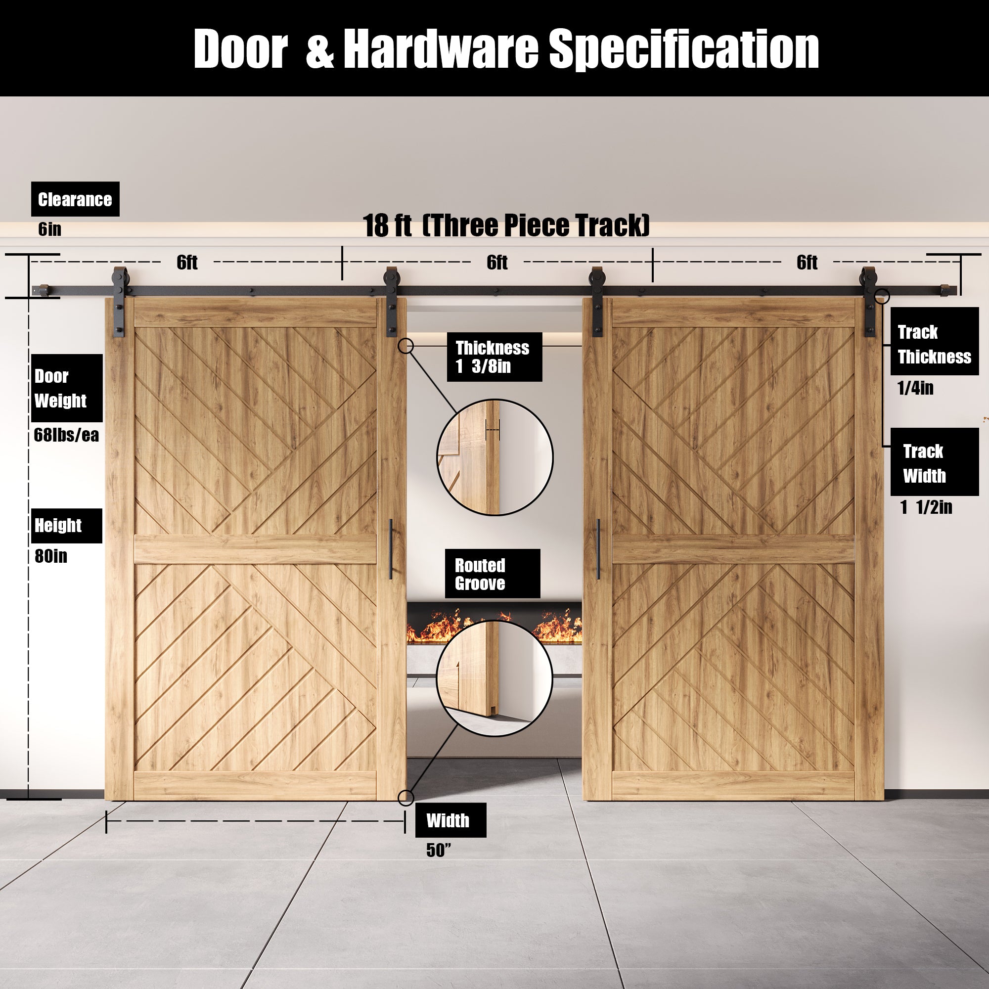 80" Height Geometric Design Unassembled & Unfinished Double Pine Wood Barn Door with Non-Bypass Installation Hardware Kit(Interior Use Only)