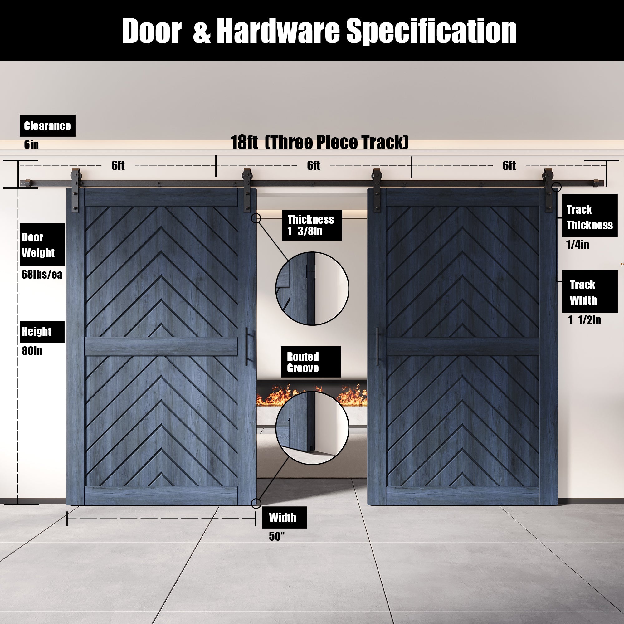 80" Height Navy Fishbone Design Unassembled & Finished Double Pine Wood Barn Door with Non-Bypass Installation Hardware Kit(Interior Use Only)