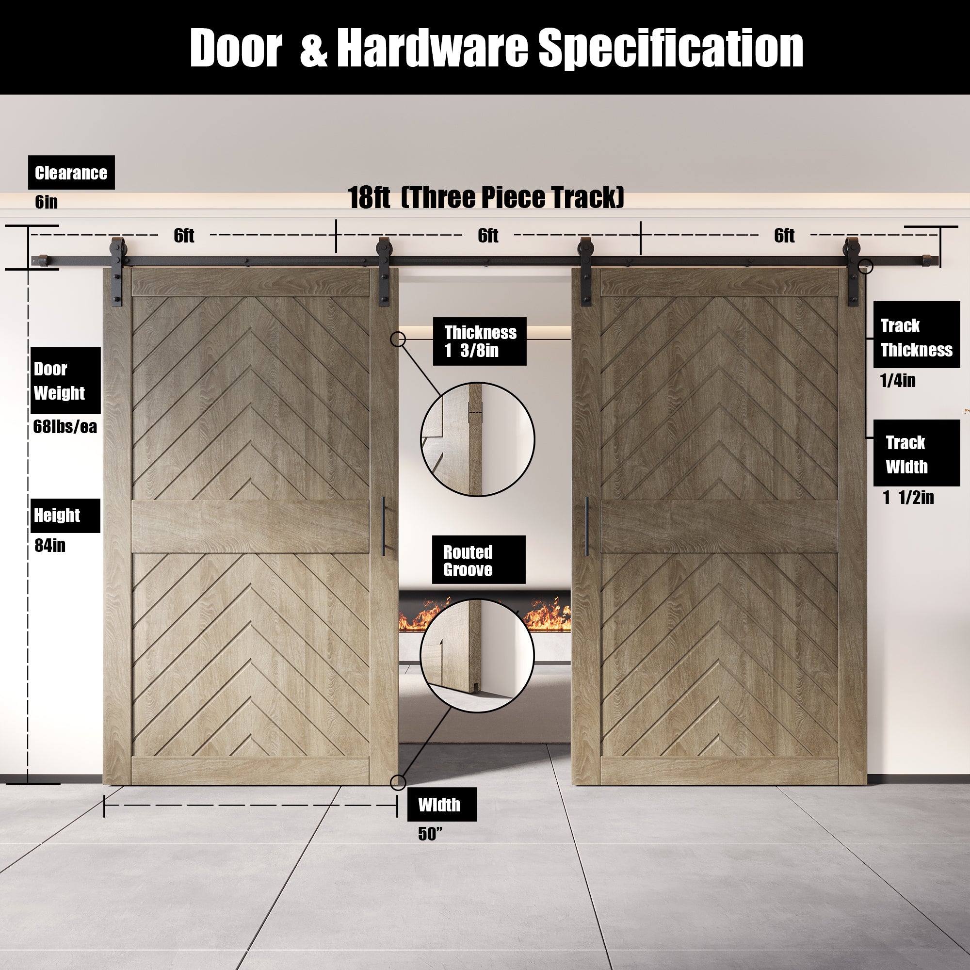 sliding barn door hardware kit with two doors pine wood barn door gray fishbone design