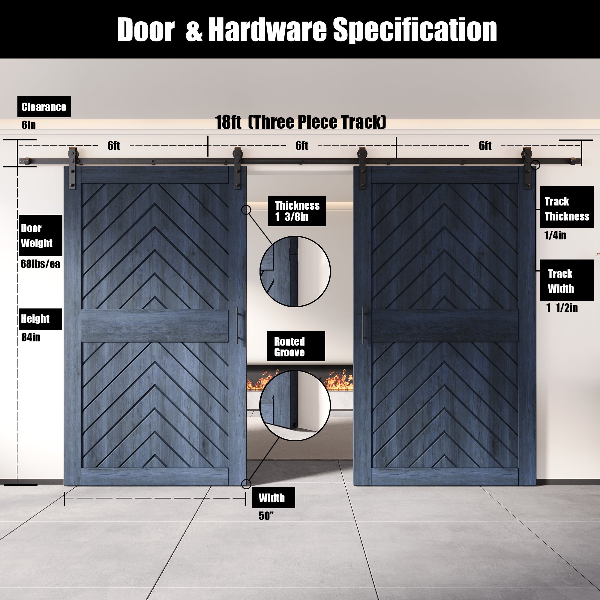 sliding barn door hardware kit with two doors pine wood barn door navy fishbone design