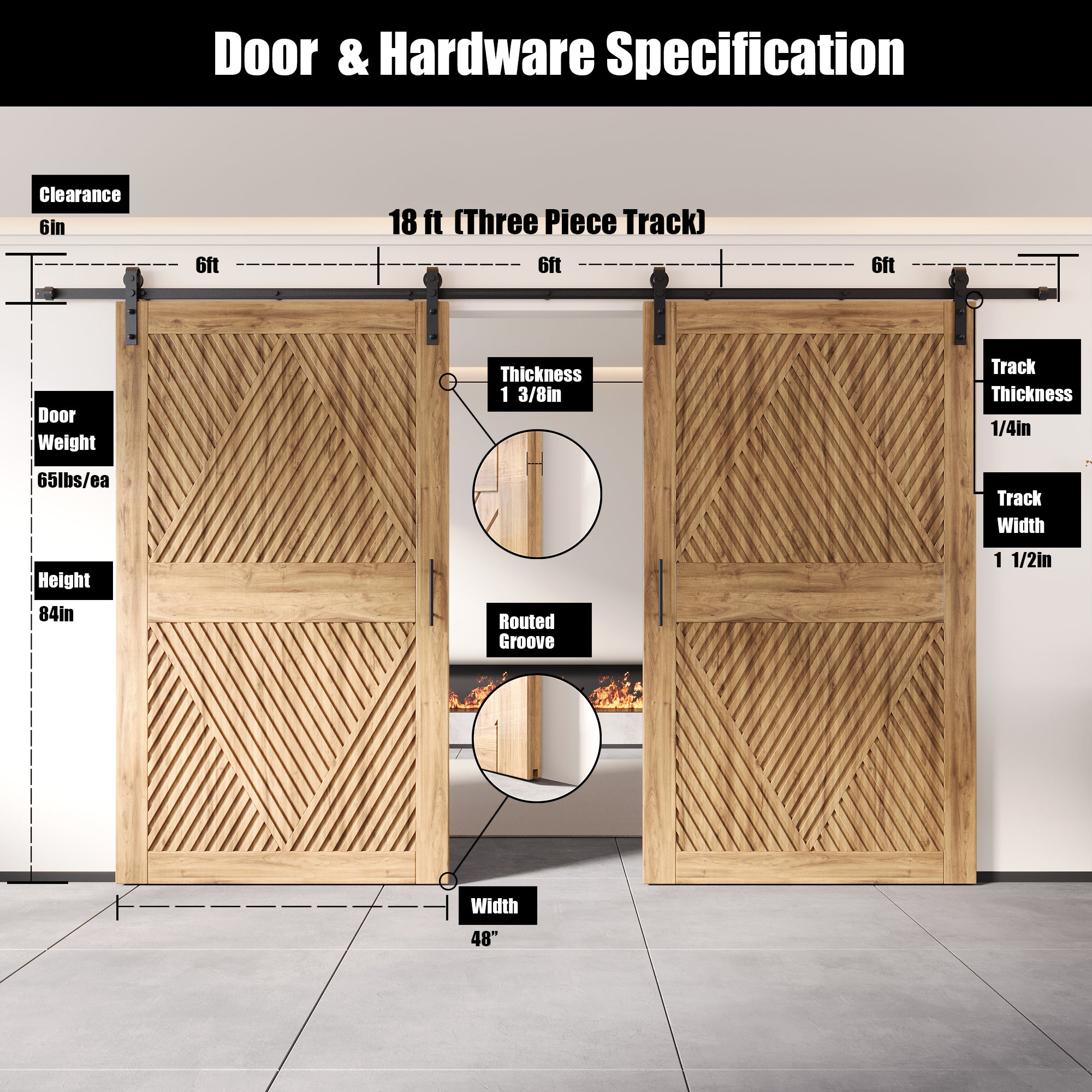 84" Height Diamond Design Unassembled & Unfinished Double Pine Wood Barn Door with Non-Bypass Installation Hardware Kit(Interior Use Only)